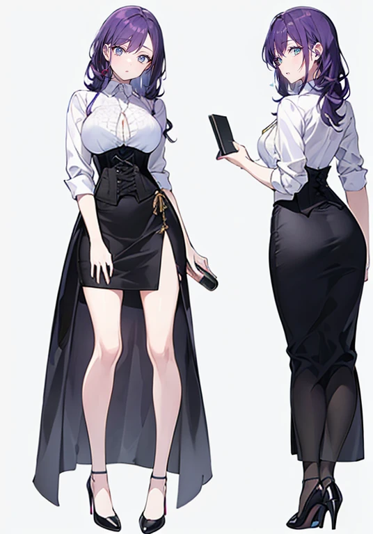 ((Perfect Face)),Purple Hair,long hair,1 female,bartender,White shirt,(((Roll up your sleeves))),corset,Tight Skirt,High heels,((Simple White background)),((smile)),((full body))