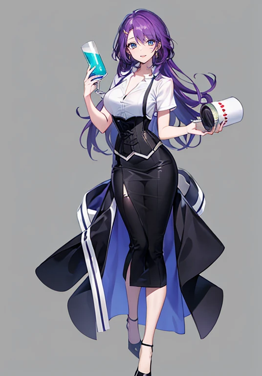 ((Perfect Face)),Purple Hair,long hair,1 female,bartender,White shirt,(((Roll up your sleeves))),corset,Tight Skirt,High heels,((Simple White background)),((smile)),((full body))