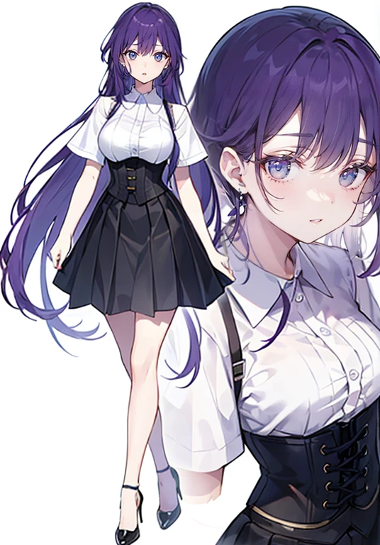 ((Perfect Face)),Purple Hair,long hair,1 female,bartender,White shirt,(((Roll up your sleeves))),corset,Tight Skirt,High heels,((Simple White background)),((smile)),((full body))