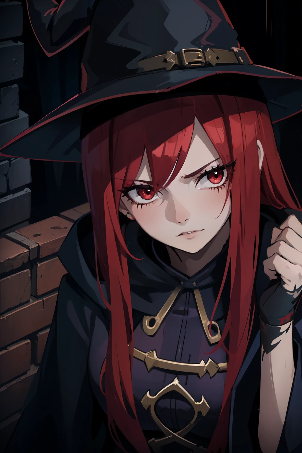 woman in a magic robe, red hair, wizard hat, (dark atmosphere) gritty, serious, magical power, battle worn, portrait, tattered clothing