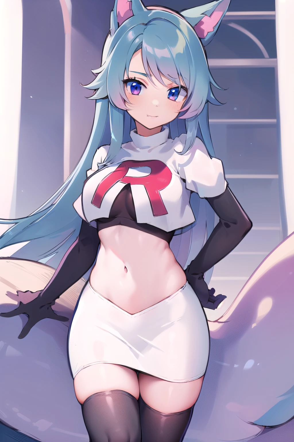 pixel-Silvervale 1girl, team rocket,team rocket uniform,white skirt,red letter R,crop top,black thigh-highs,black elbow gloves, masterpiece, best quality