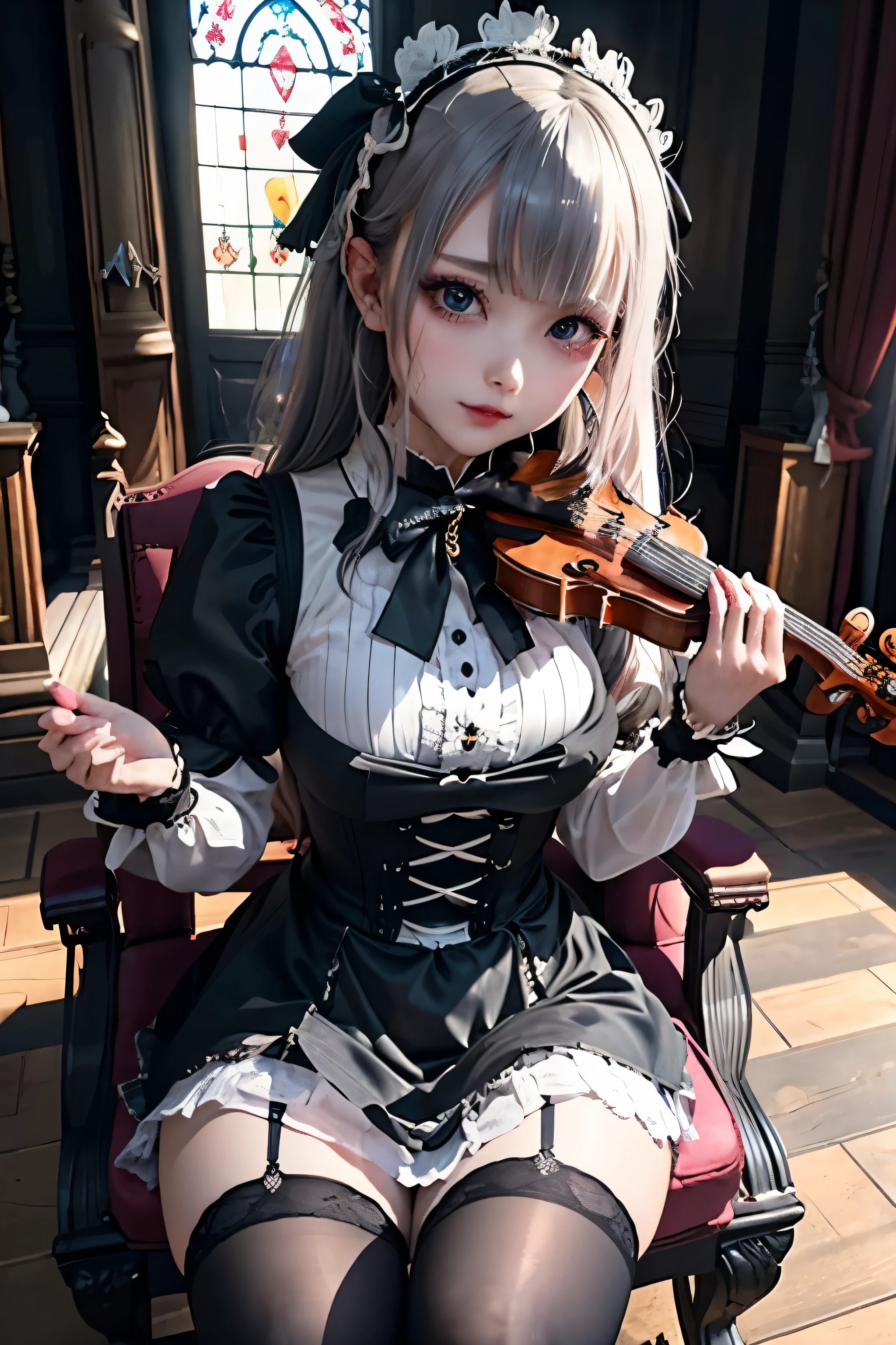 Hard Dark Gothic Makeup、Deep Night Sky、Horror、Black dark eyeshadow、sad、Good skin radiance、Dark Gothicメイク、Dark smile、palace、24-years-old、Embarrassed look、Dark Gothic、Obscene language、highest quality、Drunk face、紫のMaid clothes、Mysterious、Noble、sexy、Loving smile、Right blue eye, Left eye is red、Platform Heel Shoes、Heavy makeup、Gothic Lolita Clothing、Silver Hair、Long Hair Straight Hair、Cute Gothic Lolita Dress、Beautiful Face、elegant features、Fascinating face、Stained glass is the background、Chest glistening with sweat、The room is dark、gothic long dress、Bell Sleeves、Wizard Sleeve、Decadent look、Sexually excited expression、Glossy thighs wet with water、Thighs that are wet and shiny with oil、Background of a room full of roses、The embroidery is pink、The dress has pink embroidery、Thigh-high socks、Knee-high socks、Gentle expression、Dark black eyeshadow、Stained glass and rose background、Female Duo、Female couple、dark church background、Stained glass、Black metal world、Dark Castle、Slender body、gothic long dress、Maid clothes、Victorian dresses、Her thighs glisten with sweat、My body is wet and shiny、Lots of glitter on the thighs、My thighs are sticky from sweating、Sweat glistens on the thighs, The whole body is sweaty and shiny、Quite sweaty、My thighs are sweaty、My thighs are so wet、My thighs are shining with sweat、A lot of sweat glistens all over the body、Small breasts、Orchestra StageStage、Dynamic Angle、sitting on a gothic chair、Play the violin gracefully、With a violin、Press the violin strings、violinist、orchestra performance、Thin thighs、slender、Violin body and strings、Sit on a chair、pantyhose、