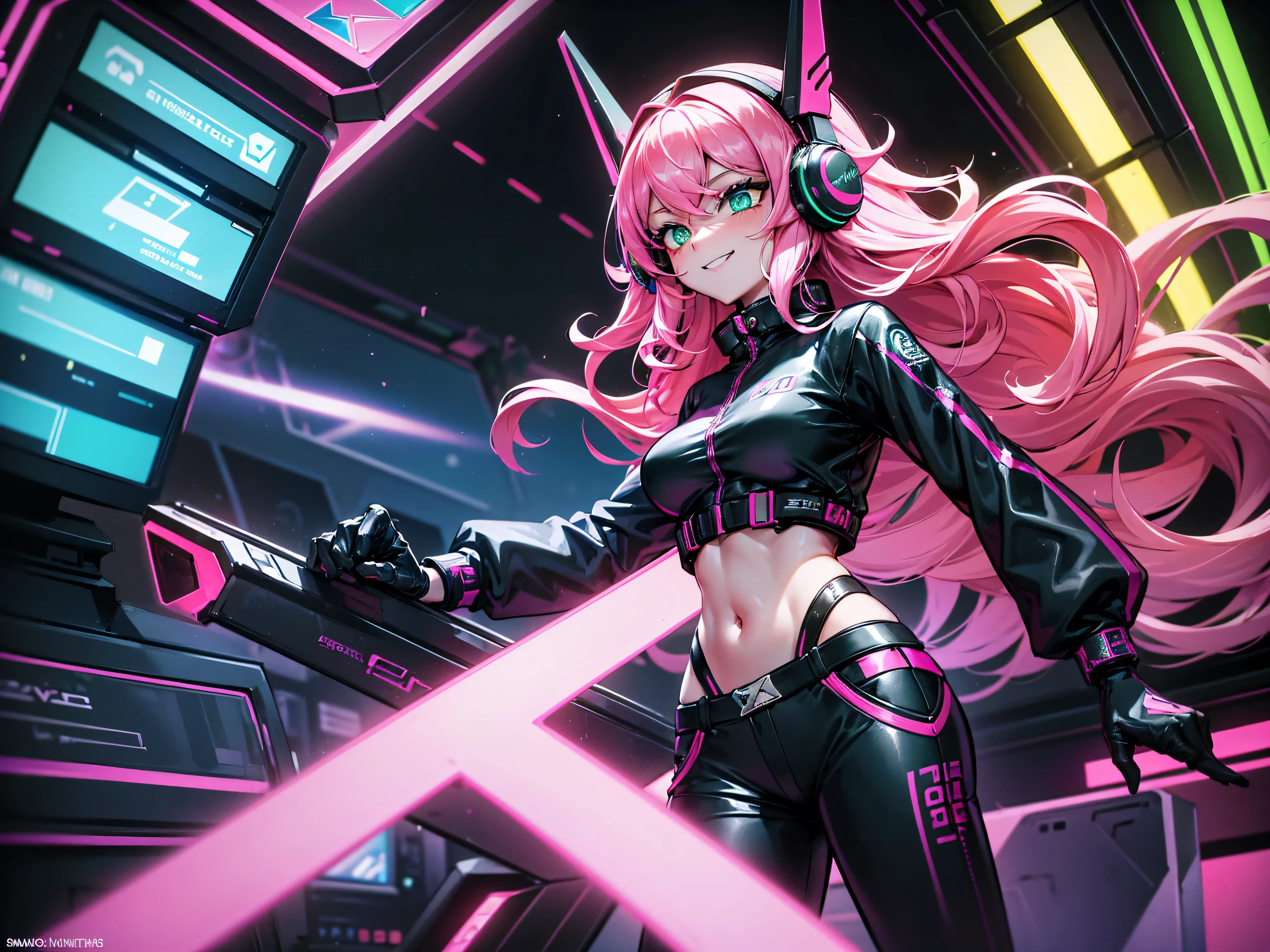 masterpiece:1.4, 1girl ((20year old, dressed in long sleeve shirt, tight black shorts, sneakers, medium breasts, multicolor pink hair, curly long hair, perfect model body, green eyes:1.4, Wearing headphones, looking up, happy, smiling, flirting, inside an arcade, neon lighting and colorful, futuristic club, futuristic and exciting atmosphere)) ((solo))