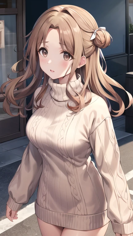 masterpiece, best quality, highres, Ichikawa Hinana, long hair, single side bun, hair ribbon, cowboy shot, walking, street, turtleneck, virgin killer sweater, ribbed sweater, long sleeves,
