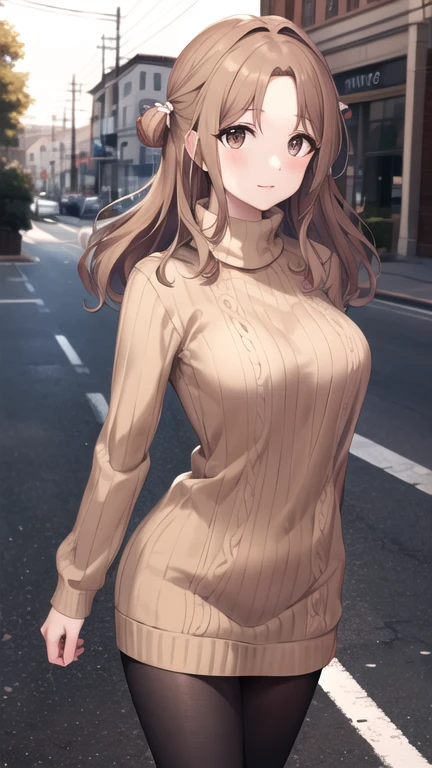 masterpiece, best quality, highres, Ichikawa Hinana, long hair, single side bun, hair ribbon, cowboy shot, walking, street, turtleneck, virgin killer sweater, ribbed sweater, long sleeves,