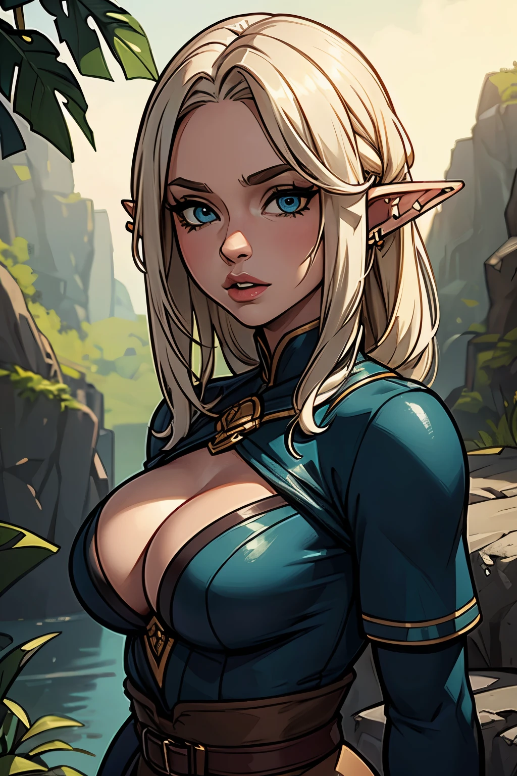 (alta qualidade,4k,8K,high resolution,Obra de arte:1.2),ultra-detalhado,realista,Olhos como Jennifer de Witcher 3,long eyelashes,lindos olhos detalhados,beautiful detailed lips,cabelo preto,detalhes detalhados do rosto,(afinar:1.1),(jovem:1.1),(Elf-like:1.1),Modelo,Figura esbelta,orelhas de elfo com piercing,sentado em uma pedra coberta de musgo,yawning with boredom,illustration,photorealista,retrato,estilo de fantasia sombria,cores vivas,soft lighting,atmosfera enevoada