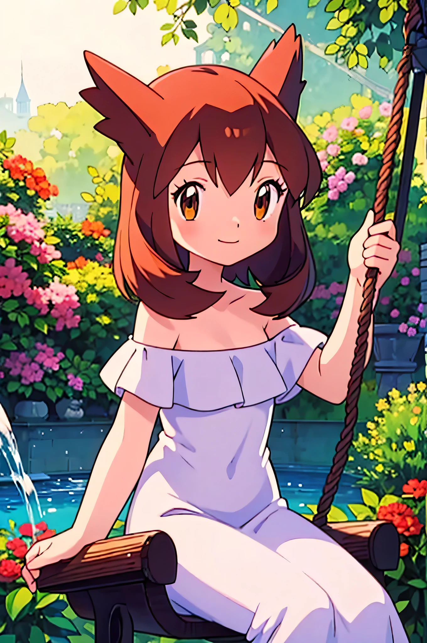 masterpiece, best quality, ultra-detailed, illustration, beautiful detailed eyes, very detailed illustration, cinematic lighting, 1 girl, solo, Pokemon Heroes (Bianca), Brown Hair, brown eyes, bare shoulders, strapless, off shoulders, white ruffle off the shoulder top, white maxi dress, intricate details, sharp focus, high resolution, the background of beautiful garden with a forest of flowers, at sunrise, smile, sitting in a swing near a water pool on the bottom, arms behind back, anime style, ultra-detailed, hdr, in the center, Close up