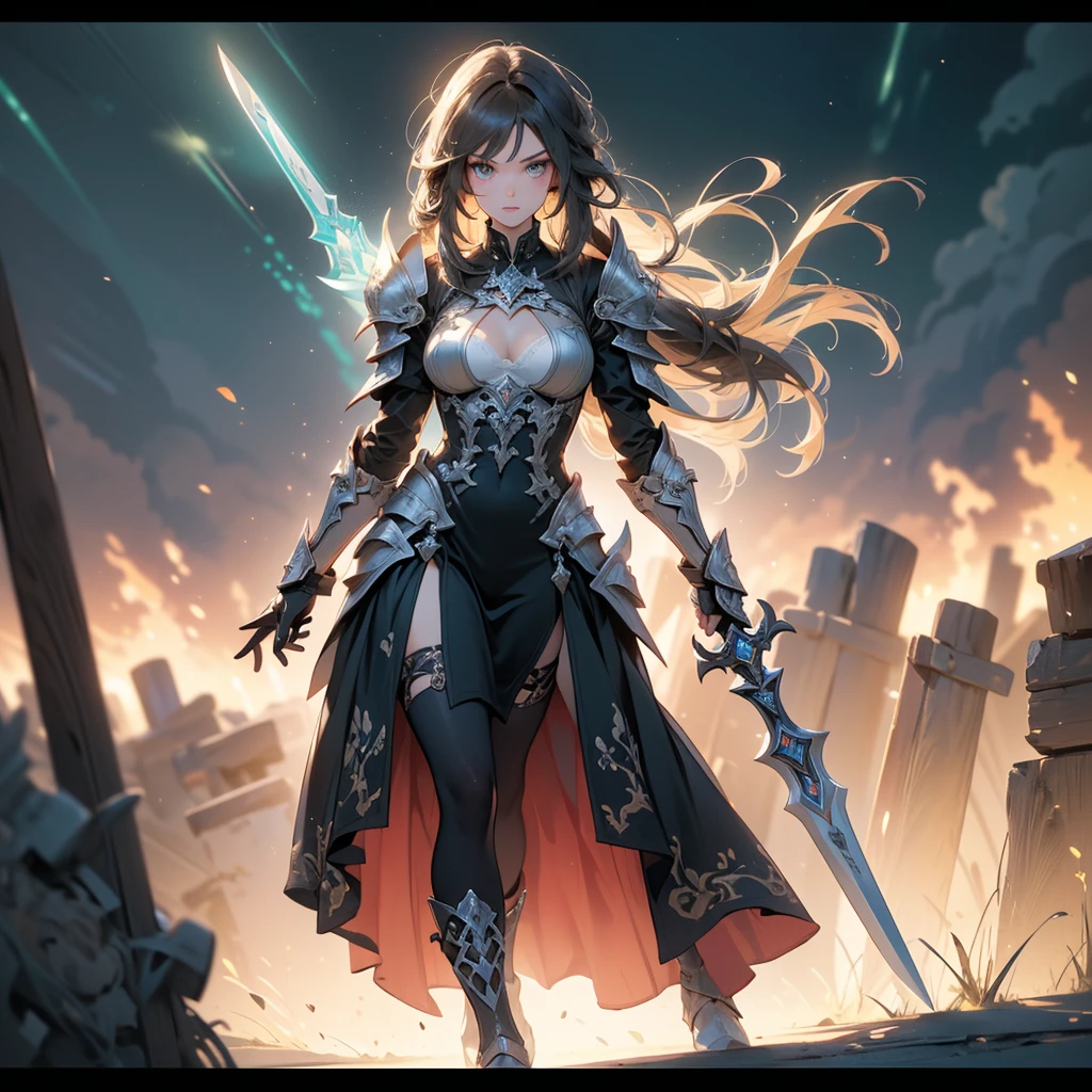 (((masterpiece, best quality, high detailed, 8k))) Design a layout showcase Gaming character, (1girl). Gold|Black clothes, stylish and unique. ((showcase weapon:1.4)), thunder hammer. (masterpiece:1.2), (best quality), 4k, ultra-detailed. (Step by step design, layout art:1.5), (luminous lighting, atmospheric lighting). storm warrior, ((glove full hands)), (((revealing clothes:1.3))), vambraces, armored legwear, (((full_body_shot:1.4))). {In a stormy battlefield}.
