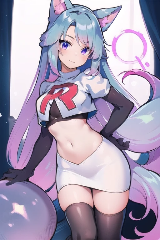 pixel-Silvervale 1girl, team rocket,team rocket uniform,white skirt,red letter R,crop top,black thigh-highs,black elbow gloves, masterpiece, best quality