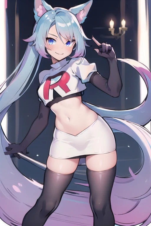 pixel-Silvervale 1girl, team rocket,team rocket uniform,white skirt,red letter R,crop top,black thigh-highs,black elbow gloves, masterpiece, best quality