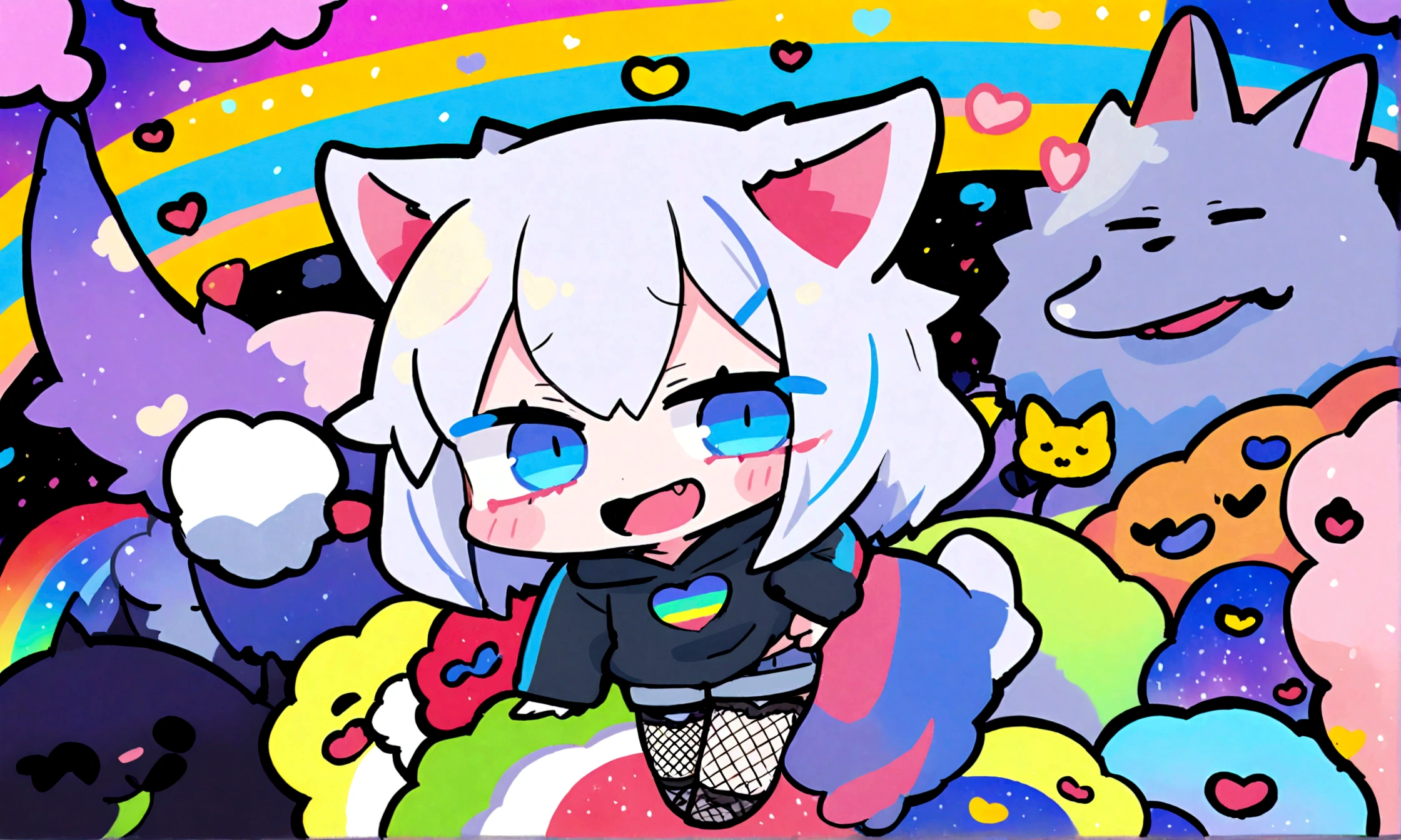 a cute chibi style adult male with wolf ears, white hair, has a wolf tail, wearing a loose cropped oversized black hoodie, wearing a pair of denim short shorts and fishnet stockings, thick thighs, wide hips, dancing on mound of fluffy multi colored kawaii plushies, short, very slim, showing slender tummy, heart on hoodie, squishy thighs, has glowing blue eyes. alone, solo (ALONE)(SOLO), surrounded by rainbows, colorful galaxy backround, big happy open mouthed smile on his face