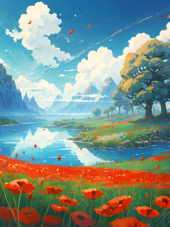 Stills from Studio Ghibli DVD, beautiful countryside,Poppies in the foreground, clouds in blue sky, Designed by Hayao Miyazaki, Retro Anime