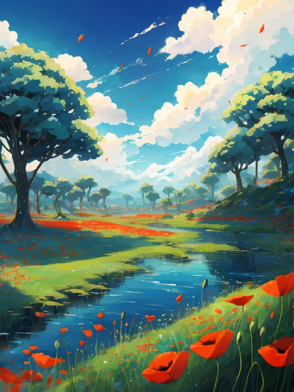 Stills from Studio Ghibli DVD, beautiful countryside，Poppies in the foreground, clouds in blue sky, Designed by Hayao Miyazaki, Retro Anime