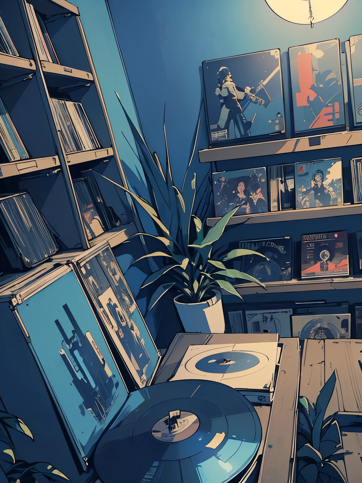 extreme quality, masterpiece, unity 8k wallpaper, depth of field, ultra detailed,high-resolution, (((unattended))), (((record store))), nostalgia, panorama, long shot, (((records on the shelves.))), (((Various angles))),(((Plants))), (((cyberpunk interior decoration))), (((blue color)))