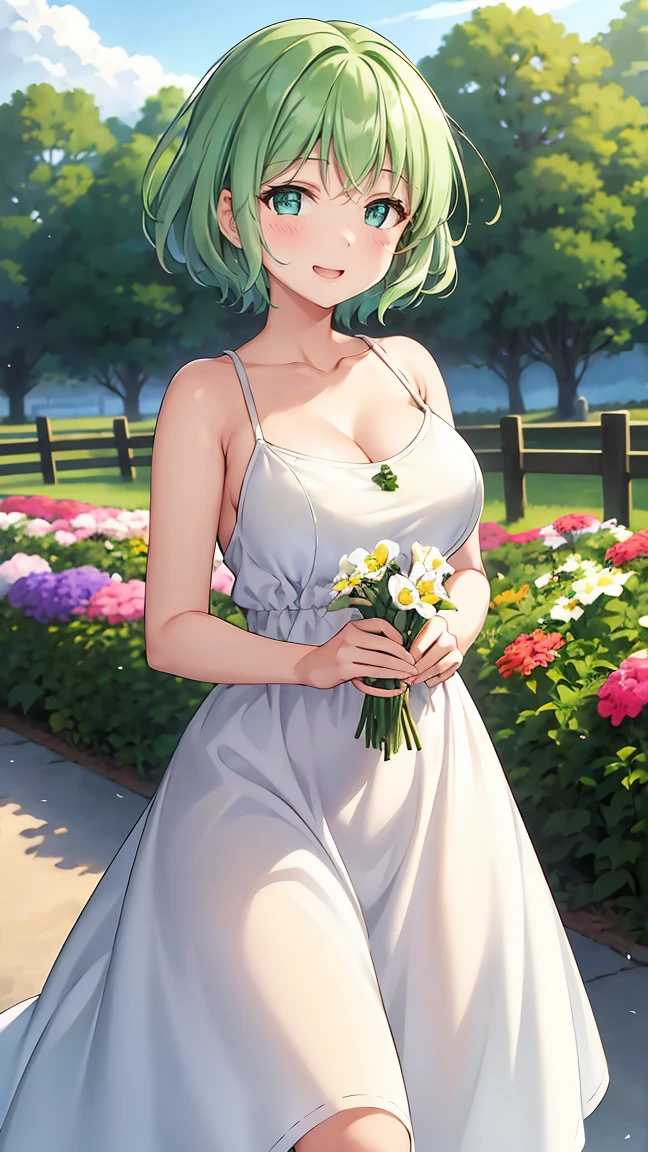 Girl with short green hair, Small size breasts, Small breasts、Green Eyes, White Casual Wear Beauty Special、(((tits))),Full body photo from head to toe、White dress、Colorful flower fields、Fluttering petals、A big smile when looking at the flowers、Uplifting