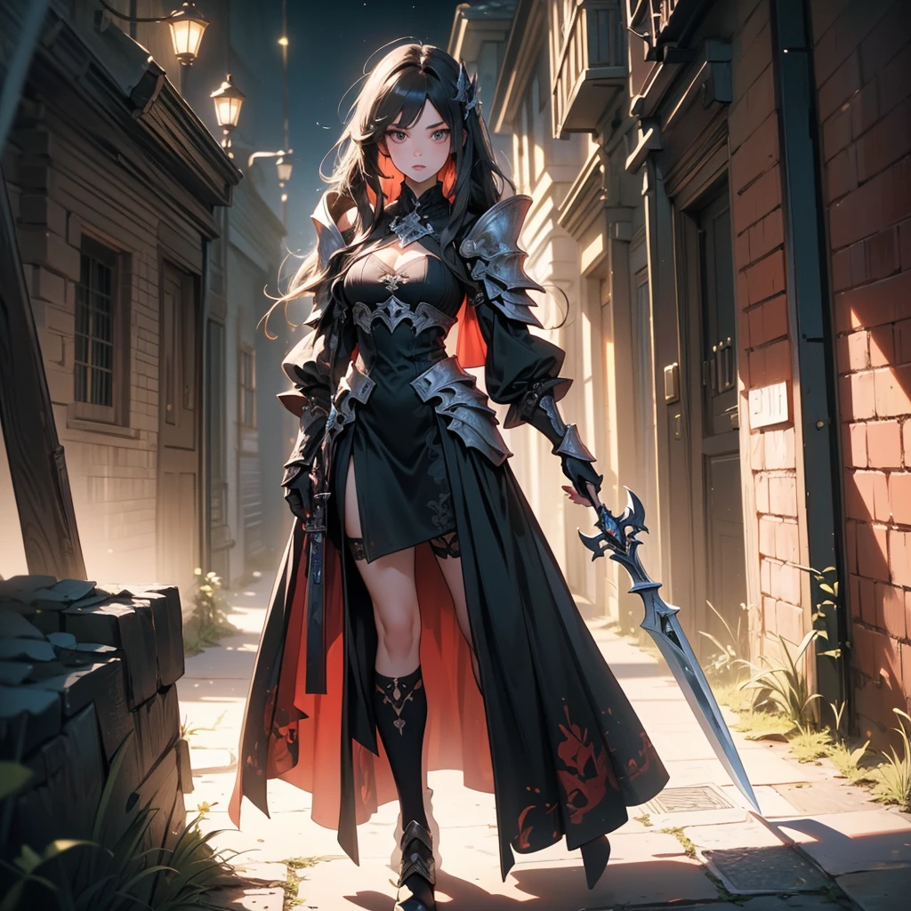 (((masterpiece, best quality, high detailed, 8k))) Design a layout showcase Gaming character, (1girl). Black|Red clothes, stylish and unique. ((showcase weapon:1.4)), shadow daggers. (masterpiece:1.2), (best quality), 4k, ultra-detailed. (Step by step design, layout art:1.5), (luminous lighting, atmospheric lighting). shadow assassin, ((glove full hands)), (((revealing clothes:1.3))), vambraces, armored legwear, (((full_body_shot:1.4))). {In a moonlit alley}.
