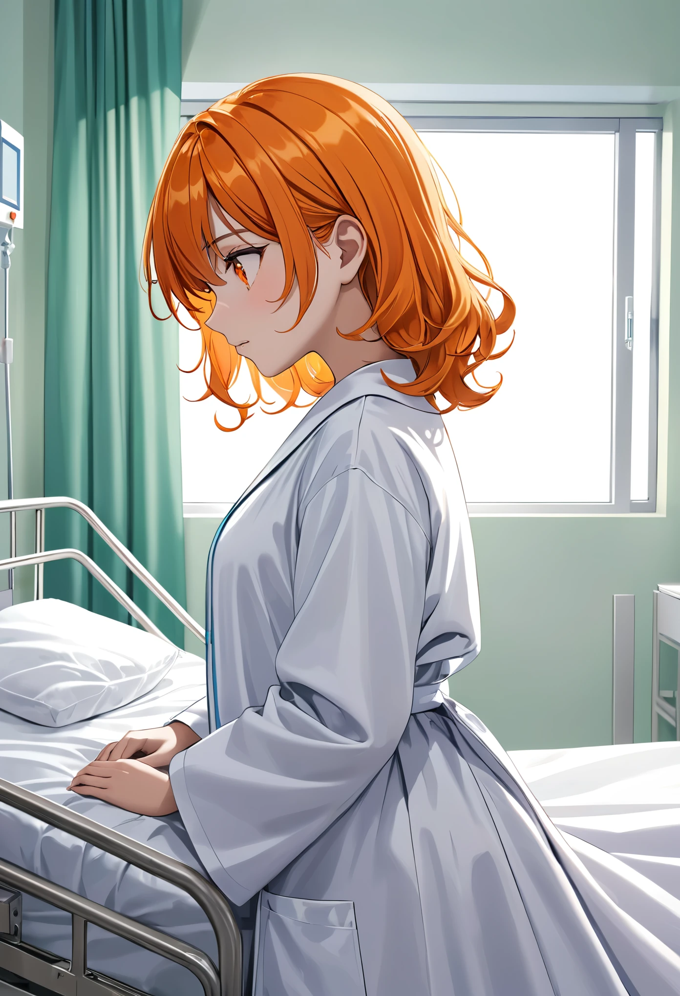 18 year old girl, cabello color naranja, ondulado y corto, delgada, dressed in a medical gown, acostada en una camilla y arropada con una manta blanca, fondo de hospital, dormida y mostrando solamente su perfil con los ojos cerrados