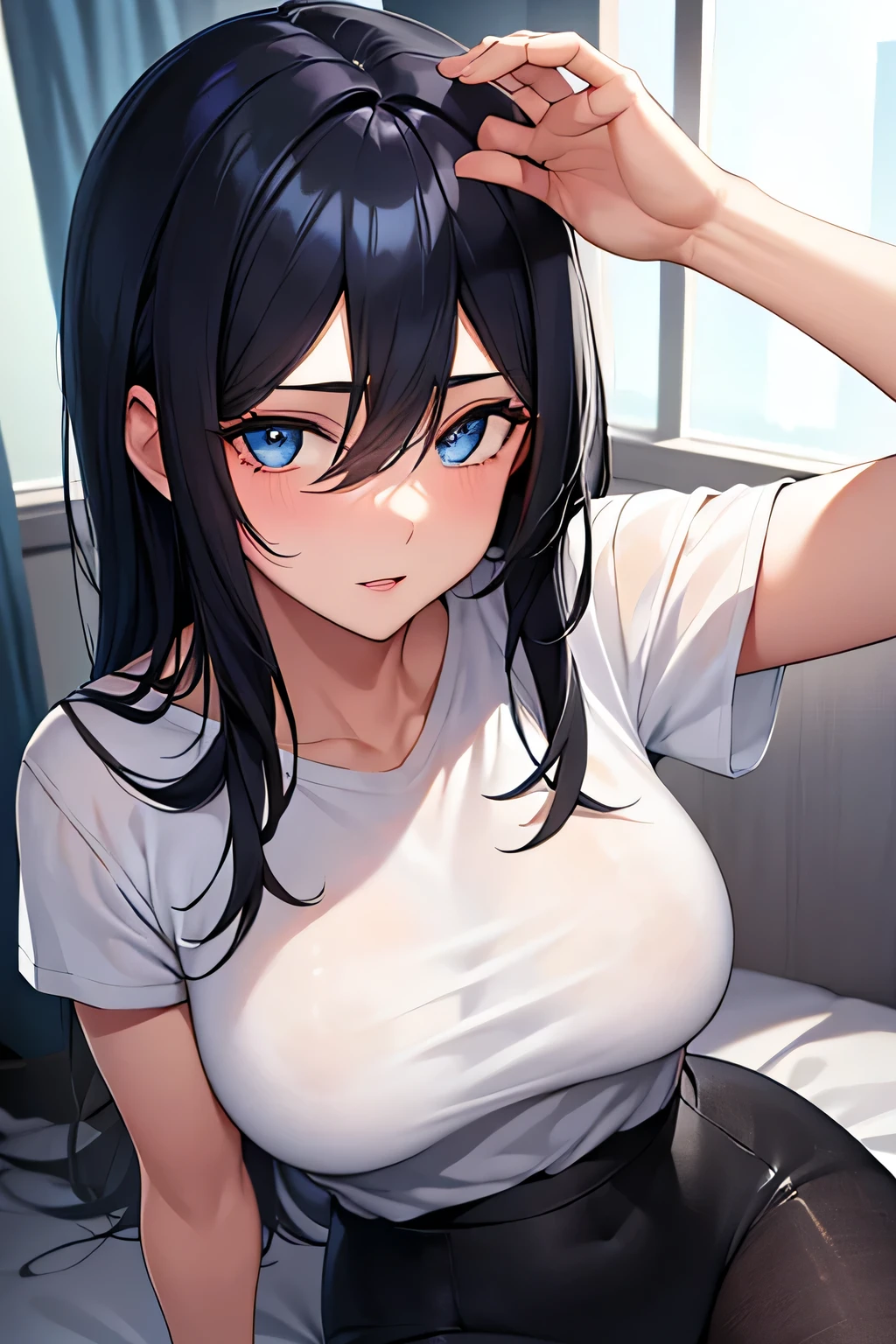 18 year old young man , black hair and blue eyes , Abrazando a una hermosa milf de cabello oscuro.