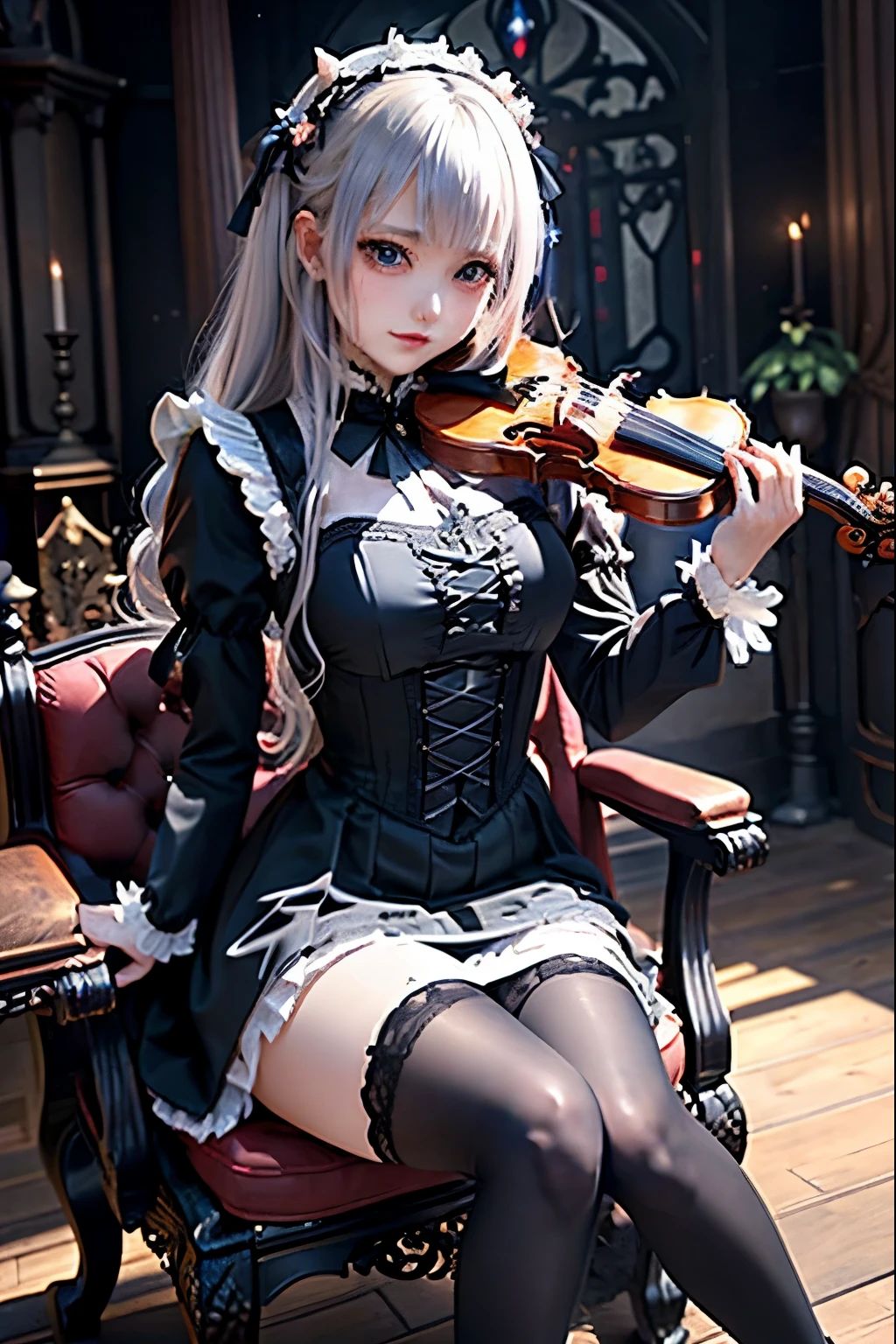 ハードDark Gothicメイク、Deep Night Sky、Horror、Black dark eyeshadow、sad、Good skin radiance、Dark Gothicメイク、Dark smile、palace、24-years-old、Embarrassed look、Dark Gothic、Obscene language、highest quality、Drunk face、紫のMaid clothes、Mysterious、Noble、sexy、Loving smile、Right blue eye, Left eye is red、Platform Heel Shoes、Heavy makeup、Gothic Lolita Clothing、Silver Hair、Long Hair Straight Hair、Cute Gothic Lolita Dress、Beautiful Face、elegant features、Fascinating face、Stained glassが背景、Chest glistening with sweat、The room is dark、gothic long dress、Bell Sleeves、Wizard Sleeve、Decadent look、Sexually excited expression、Glossy thighs wet with water、Thighs that are wet and shiny with oil、Background of a room full of roses、The embroidery is pink、The dress has pink embroidery、Thigh-high socks、Knee-high socks、Gentle expression、Dark black eyeshadow、Stained glassと薔薇背景、Female Duo、Female couple、dark church background、Stained glass、Black metal world、Dark Castle、Slender body、gothic long dress、Maid clothes、Victorian dresses、Her thighs glisten with sweat、My body is wet and shiny、Lots of glitter on the thighs、My thighs are sticky from sweating、Sweat glistens on the thighs, The whole body is sweaty and shiny、Quite sweaty、My thighs are sweaty、My thighs are so wet、My thighs are shining with sweat、A lot of sweat glistens all over the body、Small breasts、Orchestra StageStage、Dynamic Angle、sitting on a gothic chair、Play the violin gracefully、With a violin、Press the violin strings、violinist、orchestra performance、Thin thighs、slender、Violin body and strings、Sit on a chair、pantyhose、