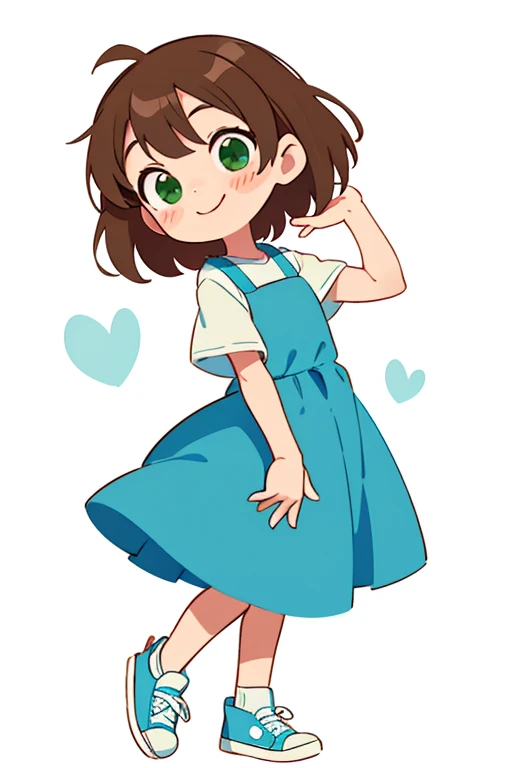 simple chibi style drawing of a cute  smiling doing a straight pose standing, hands not showing in the drawing, hands hidden in the drawing, wearing a blue dress and white sneakers, brown hair and green eyes, chibi style full body