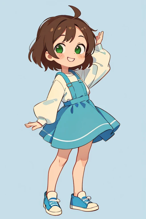 simple chibi style drawing of a cute smiling doing a straight pose standing, hands not showing in the drawing, hands hidden in the drawing, wearing a blue dress and white sneakers, brown hair and green eyes, chibi style full body