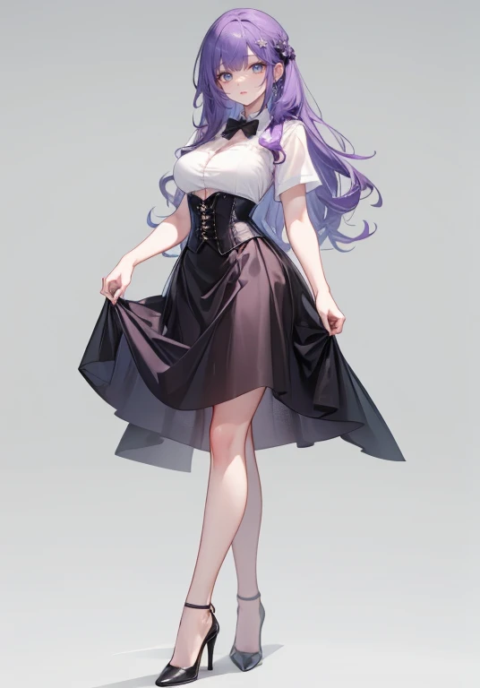 ((Perfect Face)),Purple Hair,long hair,1 female,bartender,White shirt,(((Roll up your sleeves))),corset,Tight Skirt,High heels,((Simple White background)),((smile)),((full body))