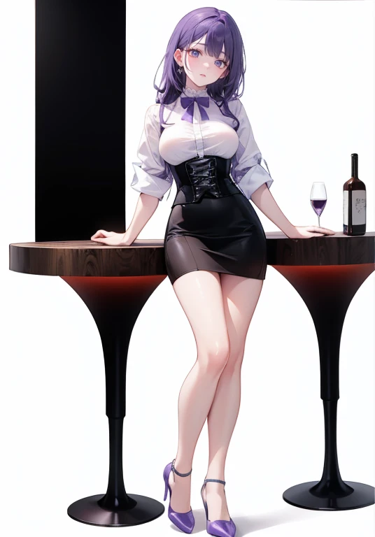 ((Perfect Face)),Purple Hair,long hair,1 female,bartender,White shirt,(((Roll up your sleeves))),corset,Tight Skirt,High heels,((Simple White background)),((smile)),((full body))