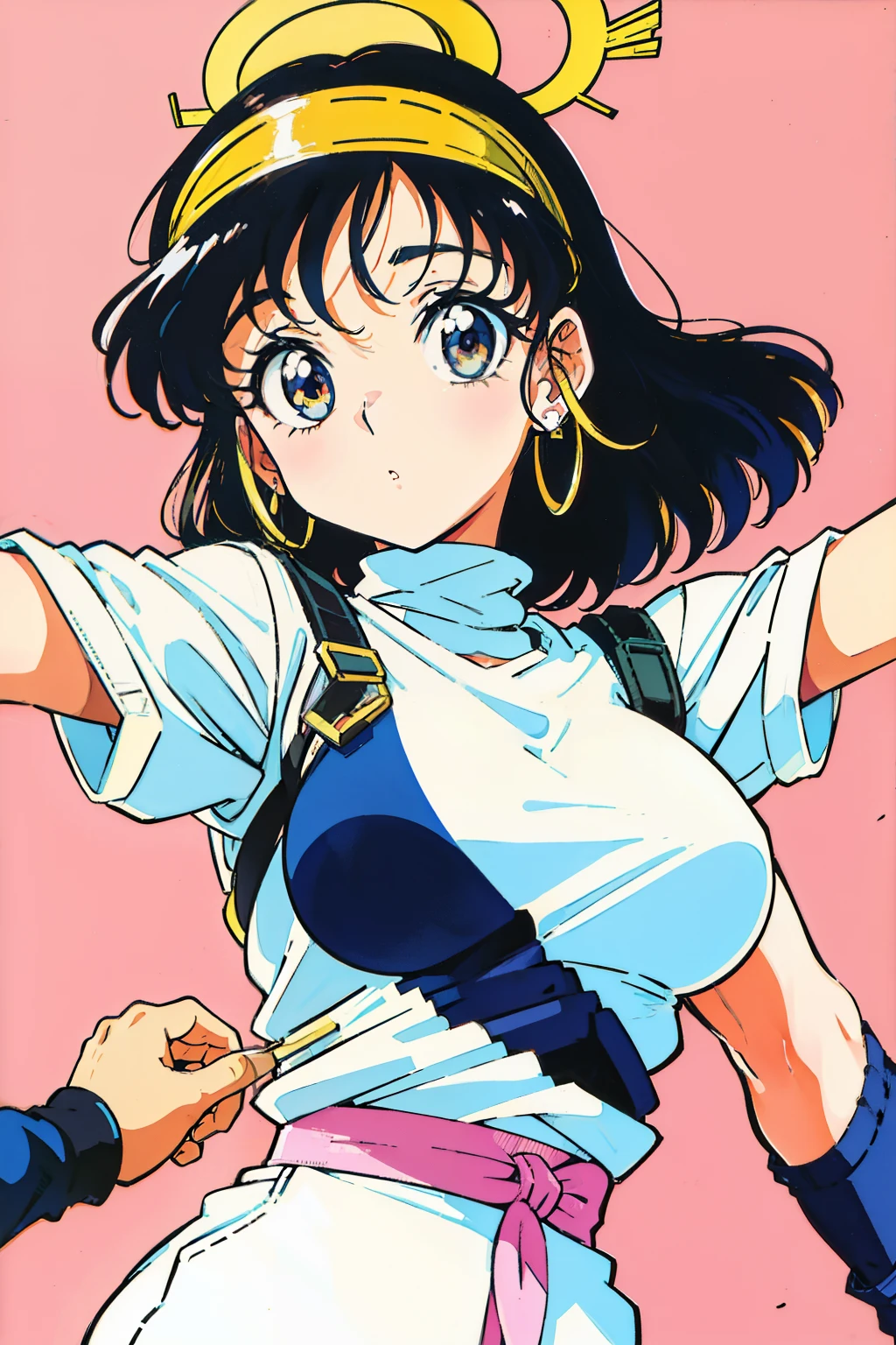 80s anime, 90s anime, retro, vintage 1girl, big tits, white top, arab, balaclava