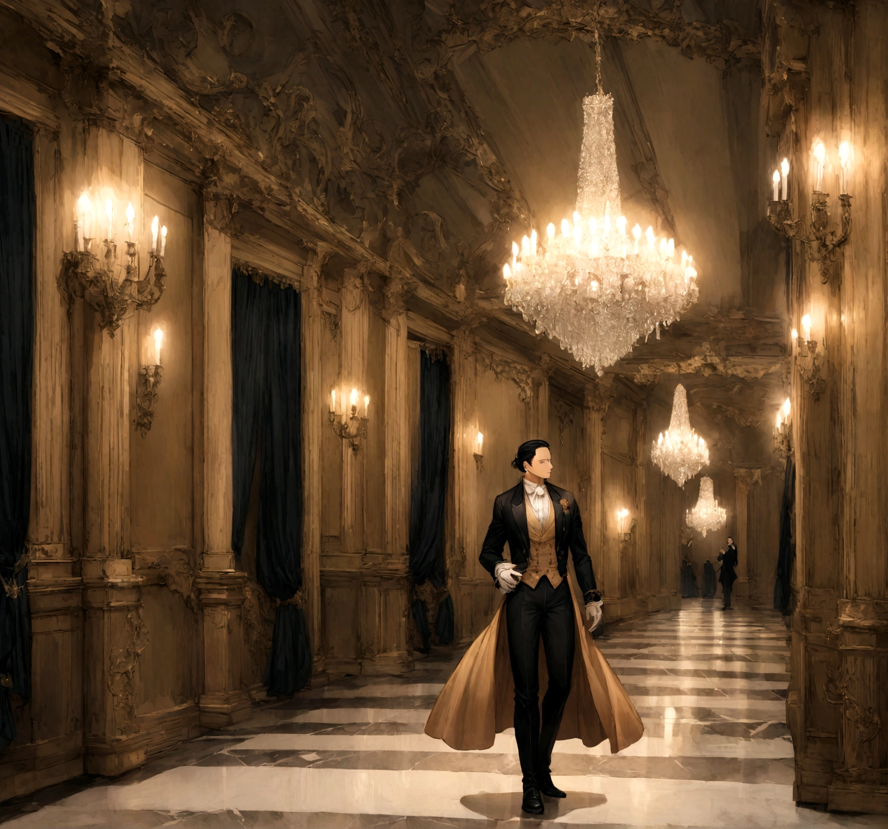 Suguru Geto from Jujutsu Kaisen dressed in Regency-era attire, like Mr. Darcy from Pride and Prejudice. He wears a dark blue tailcoat with brass buttons, a crisp white high-collared shirt with a cravat, beige waistcoat, and fitted black trousers. His black boots are polished to a shine. His hair is neatly tied back with a black ribbon. He stands in a grand ballroom with chandeliers, elegant drapes, and a marble fireplace, exuding an air of refinement and nobility.