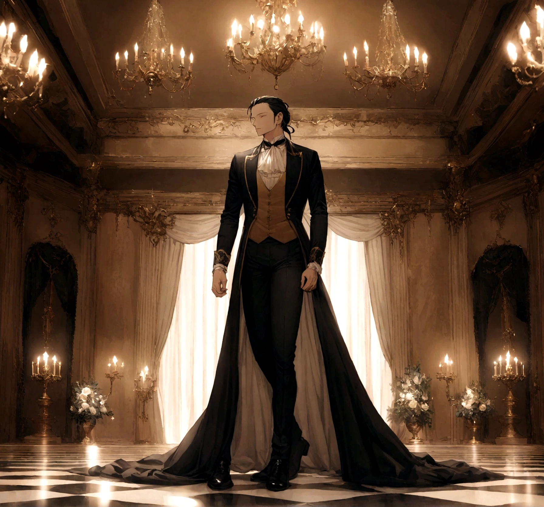 Suguru Geto from Jujutsu Kaisen dressed in Regency-era attire, like Mr. Darcy from Pride and Prejudice. He wears a dark blue tailcoat with brass buttons, a crisp white high-collared shirt with a cravat, beige waistcoat, and fitted black trousers. His black boots are polished to a shine. His hair is neatly tied back with a black ribbon. He stands in a grand ballroom with chandeliers, elegant drapes, and a marble fireplace, exuding an air of refinement and nobility.