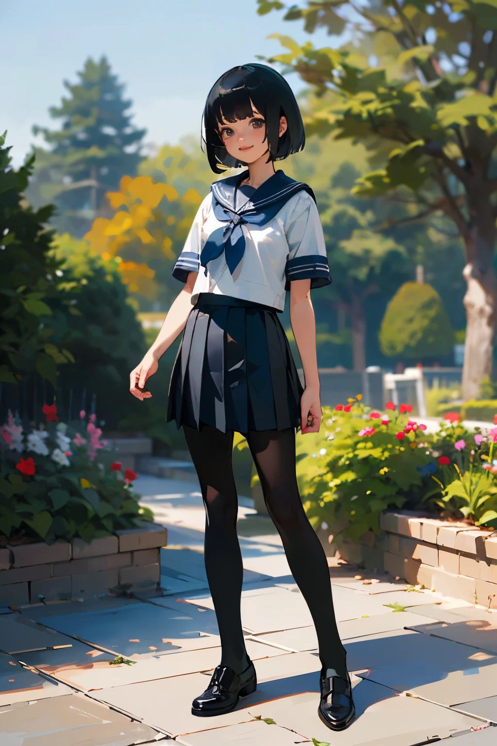 (highest quality, High resolution, Super detailed, Realistic:1.37), Peaceful atmosphere, (Outdoor, garden), Teenage girl standing alone, Beautifully detailed features, Cute Smile, ((Black bob hair)),Short-sleeved sailor uniform, Pleated skirt,Black tights,Leather shoes.