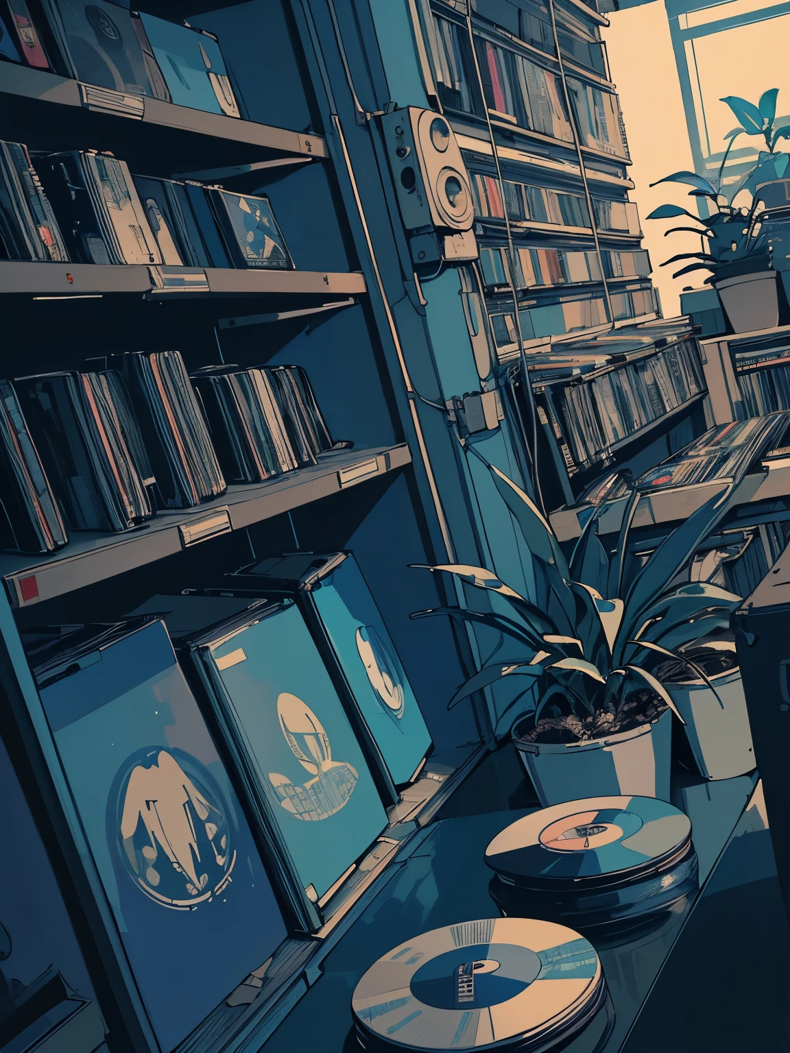 extreme quality, masterpiece, unity 8k wallpaper, depth of field, ultra detailed,high-resolution, (((unattended))), (((record store))), nostalgia, panorama, long shot, (((records on the shelves.))), (((Various angles))),(((Plants))), (((cyberpunk interior decoration))), (((blue color)))
