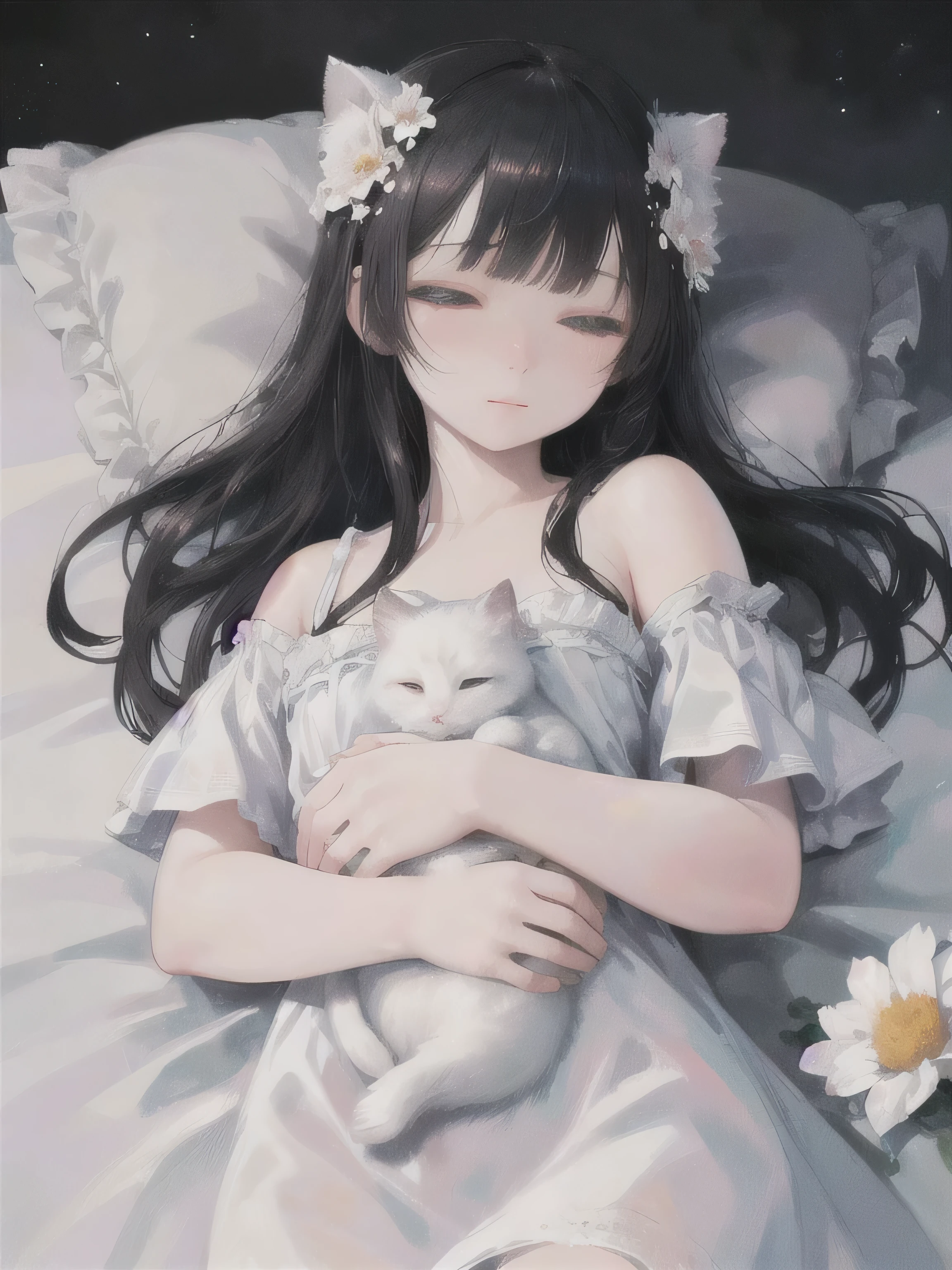 masterpiece,highest quality,Highest Resolution:1.2,dream-like,Surreal,Realistic:1.5,8K Raw Photo:1.5、Super detailed, (Human Girl),(With a fluffy, silky white kitten),The girl is with a cute kitten,Flowers、(Sleep,neverending dream), Long black hair, night, Starry Sky,wonderland.