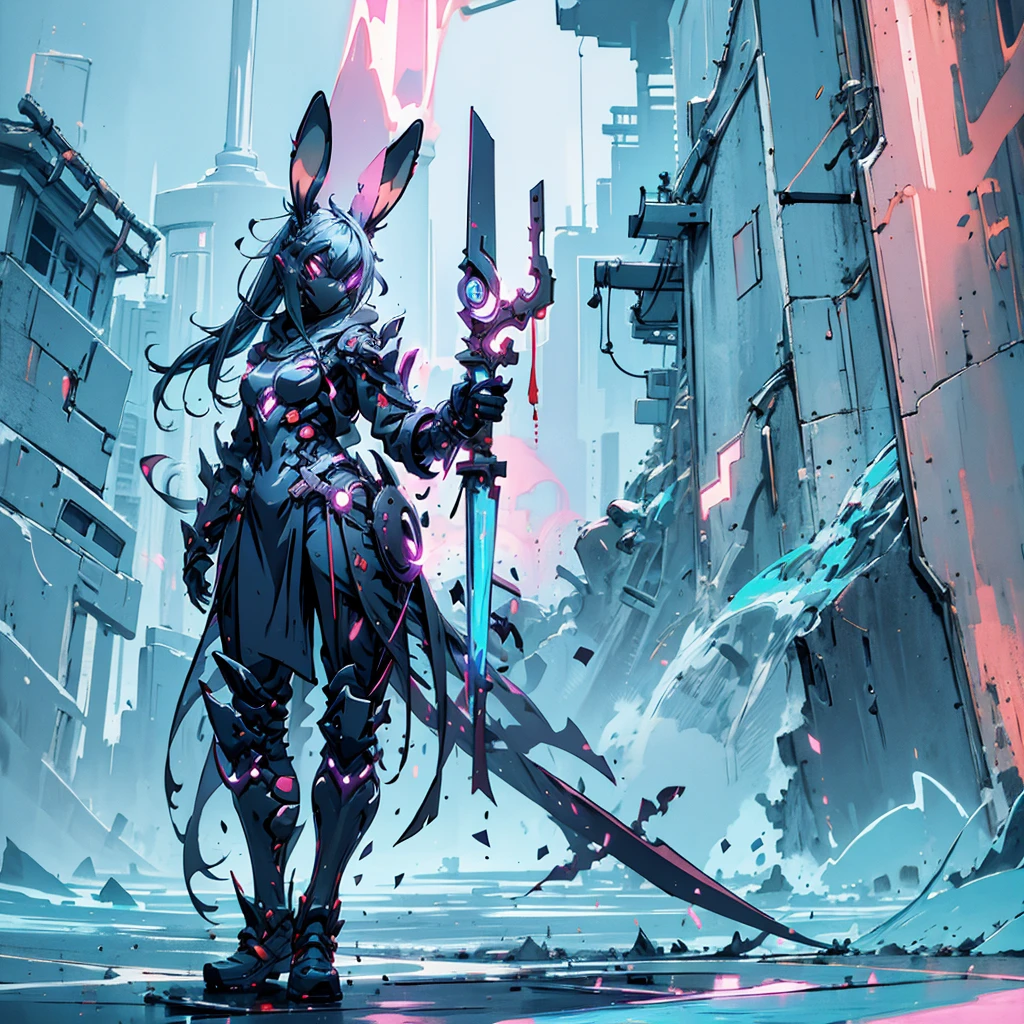 Human artificer wizard, suit with magic circuits with neon details, longsword with magic details, whole rabbit ears, fantasy RPG game, male, dark skin, neon punk, art book, Studio ghibli, post-apocalyptic setting, light magic, light aura, anime style