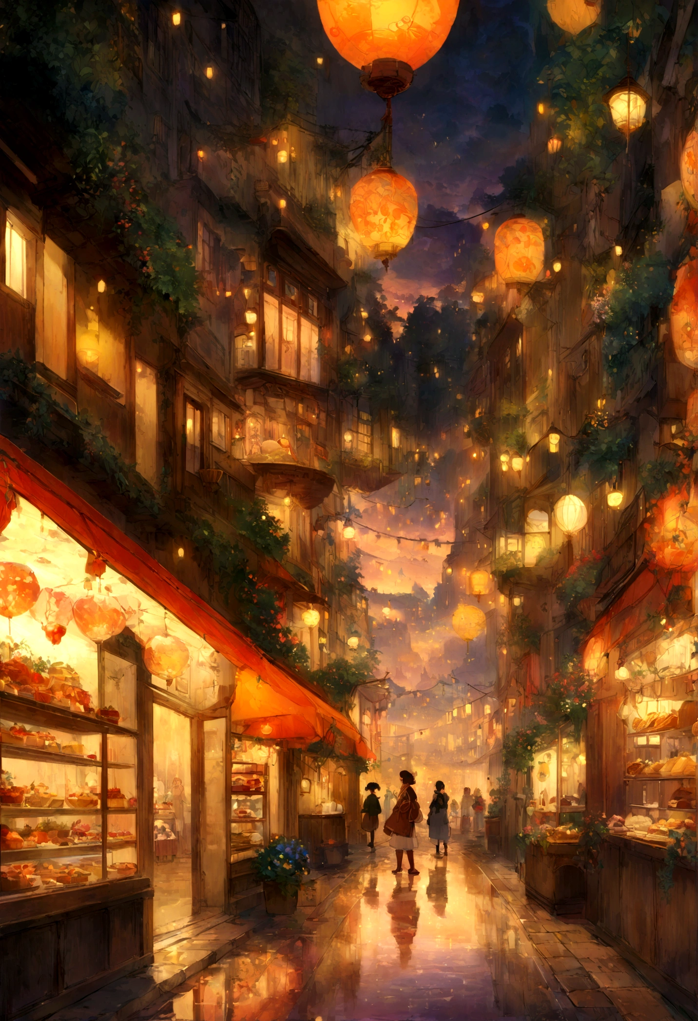 City cafe shop, potted plants, flower, rainny night,water reflection puddle,oriental design, hanging lights , digital painting, sunset,wind up,concept art, illustration, intricate, many people, hanging lights, happy, beautiful colorful light, flower, plants ((tileset)) Anime - City street style scene, a woman waiting in front of a store, anime background art, detailed scenery - width 672, anime landscape concept art, anime style cityscape, Studio Ghibli anime style, Studio Ghibli art style, Studio Ghibli program, anime landscape, Studio Ghibli art style, Landscape artwork, Beautiful anime landscape, Forest city street, Ghibli art style, cake shop, cake shop, bakery cake shop, Makoto Shinkai style, Makoto Shinkai anime, Shinkai Makoto art style