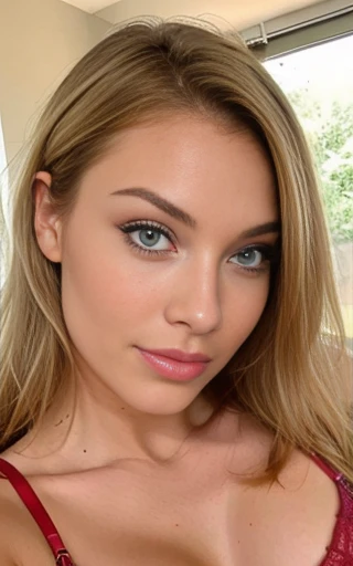 Belle blonde aux grands cheveux yeux bleus environ 22 ans portant de la lingerie très sexy de couleur rouge sang et faisant un geste coquin de la bouche