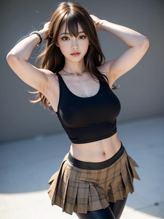 masterpiece, highest quality, Super detailed, 複雑に詳細なSuper detailed, Realistic, Sharp features, Very detailed, Sharp focus, Perfect Face, Perfect Face, Perfect symmetrical perfect eyes, Perfect Plump Lips, Flexible female form, Cinematic, Film Light, Super detailed, hyper Realistic, High resolution, Light brown hair, Asymmetrical Hair, Asymmetrical bangs, Messy Hair, Attractive pose, skinny Idol Sculpture, Idol Sculpture, Pleated skirt, the wind is strong, close, (Wearing clothes:1.3), (Light background:1.2), Natural light, Black leggings, Roll up your skirt, Dynamic pose,