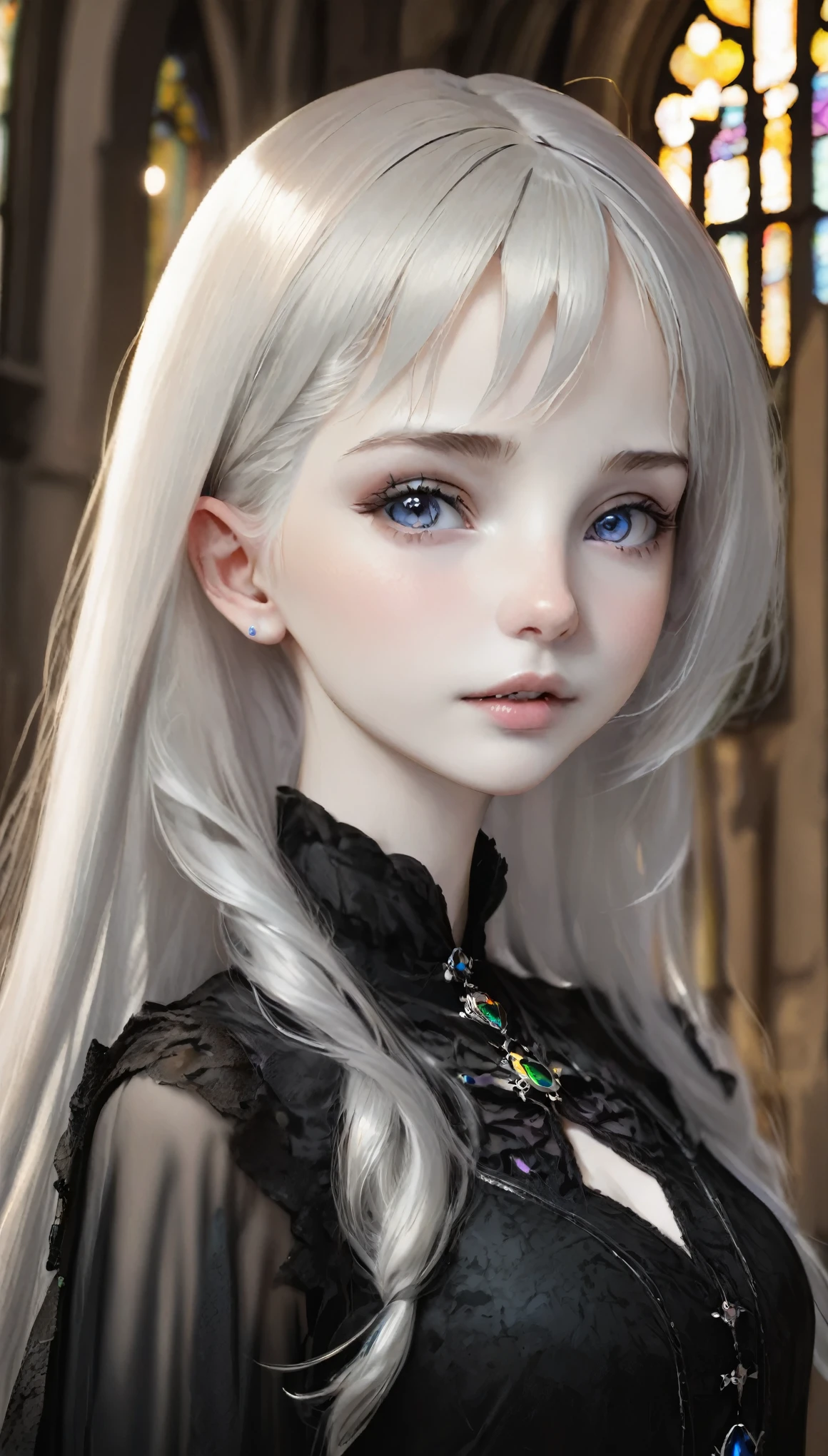 (UHigh resolution, retina, masterpiece, Accurate, Anatomically correct, Textured skin, Super detailed, Attention to detail, high quality, 最high quality, High resolution, 1080p, High resolution, 4K, 8k, 16k), (Beautiful fine details, Beautiful lip detail, Highly detailed eyes and face), Studio Lighting, Physically Based Rendering, Vibrant colors, (Gothic Dress), (Portraiture, Shiny Hair, Shiny skin), [Stained Glass Windows, Bokeh], (incline one's head to the side:1.5), Eye Reflexes, (blush:1.5), (Gothic art, Pale skin, From above:1.5), Monochrome,