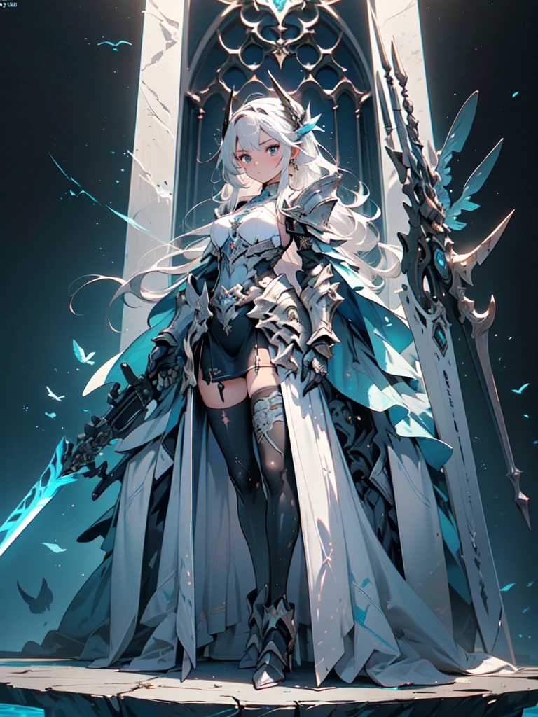 (((masterpiece, best quality, high detailed, 8k))) Design a layout showcase Gaming character, (1girl). Blue|Silver clothes, stylish and unique. ((showcase weapon:1.4)), water trident. (masterpiece:1.2), (best quality), 4k, ultra-detailed. (Step by step design, layout art:1.5), (luminous lighting, atmospheric lighting). sea guardian, ((glove full hands)), (((revealing clothes:1.3))), vambraces, armored legwear, (((full_body_shot:1.4))). {In an underwater realm}.