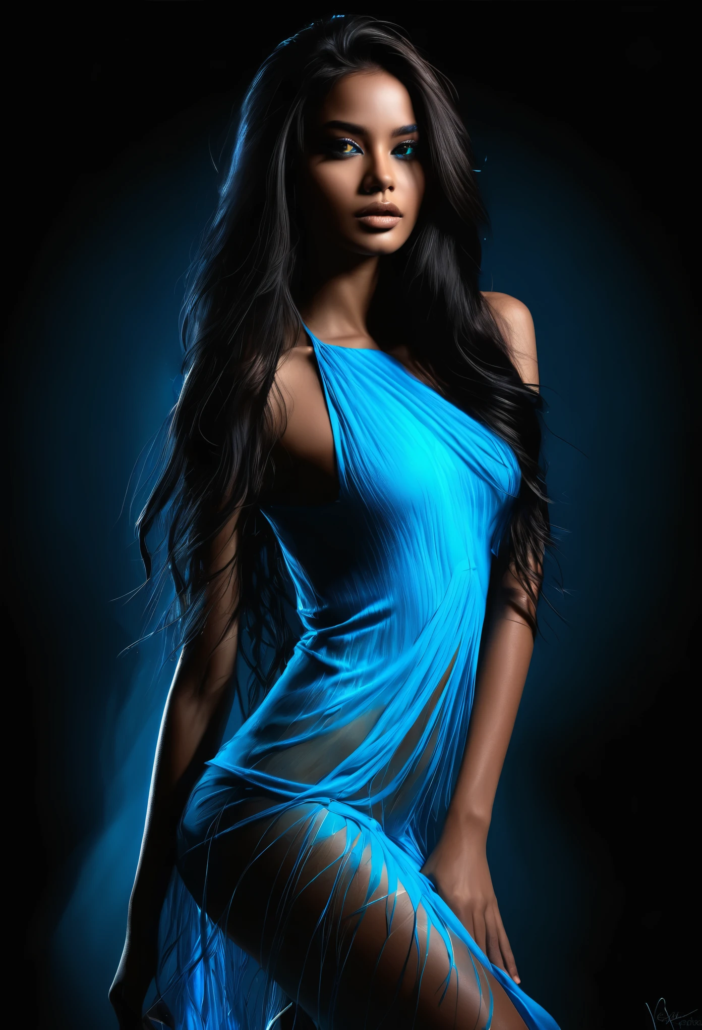 Digital painting of the full body silhouette of a beautiful, beautiful and unique Brazilian model with dark brown eyes, long cascading hair. Her hair is transparent, black and neon blue, emphasis on her serene expression, vivid shadows, a beautiful woman with soft features. Black, very intense and dark background that contrasts and accentuates the beautiful silhouette of the beautiful model, detailed hair with discernible individual strands. Capturing light and texture, high resolution, mysticism+coherent and ultra-realistic