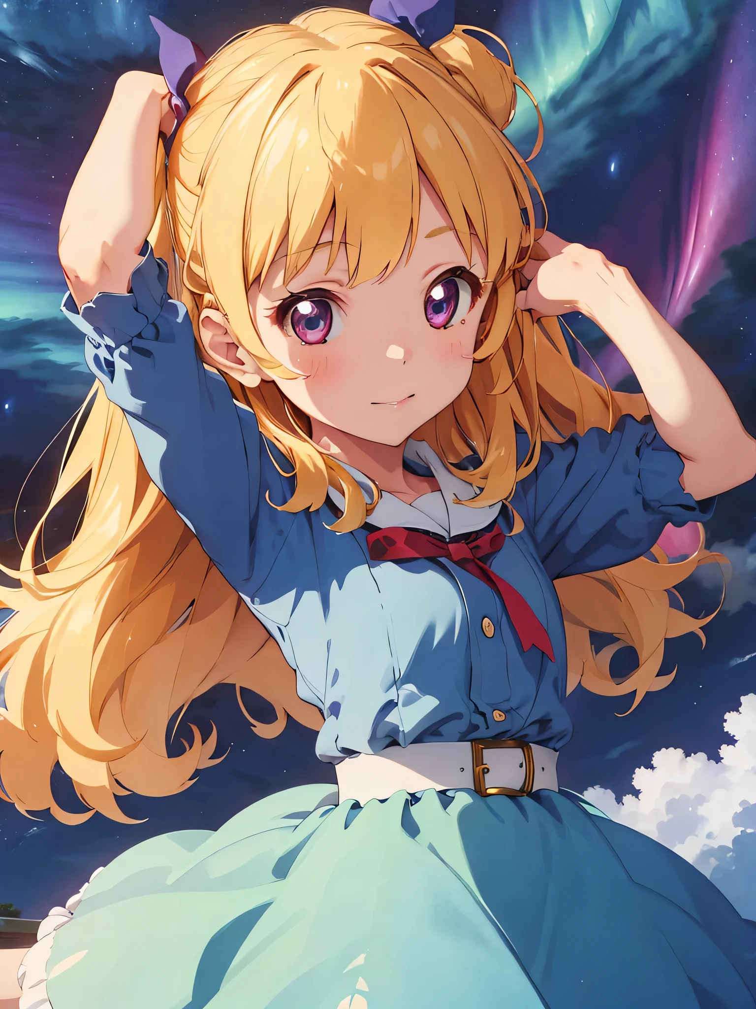 Girl wearing a dress with an aurora pattern, ribbon on her head, blonde, cute, aurora in the sky, night
