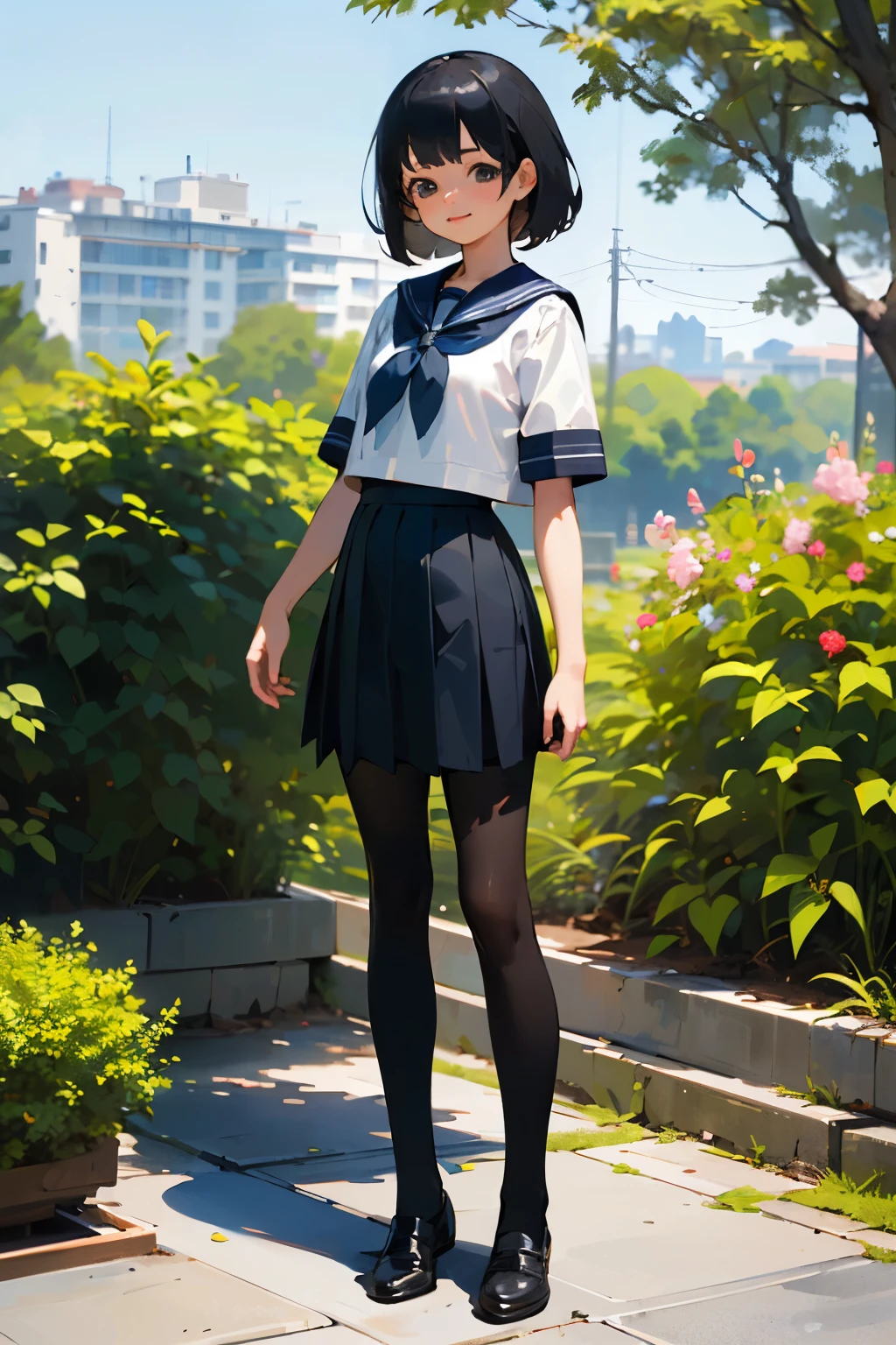 (highest quality, High resolution, Super detailed, Realistic:1.37), Peaceful atmosphere, (Outdoor, garden), girl standing alone, Beautifully detailed features, Cute Smile, ((Black bob hair)),Short-sleeved sailor uniform, Pleated skirt,Black tights,Leather shoes.