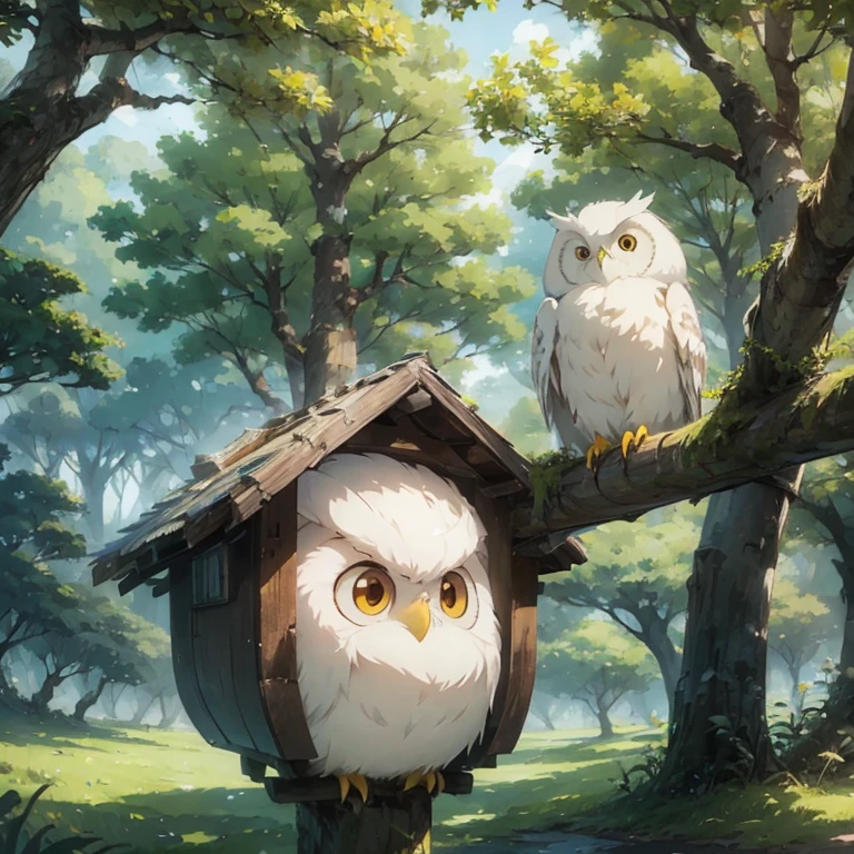 A little white owl, Sitting on the nest, Forest background, Cute owl, Studio Ghibli Animation, Drawn by Studio Ghibli, Soft warm tones, top view, Small nest in the tree, Only one owl