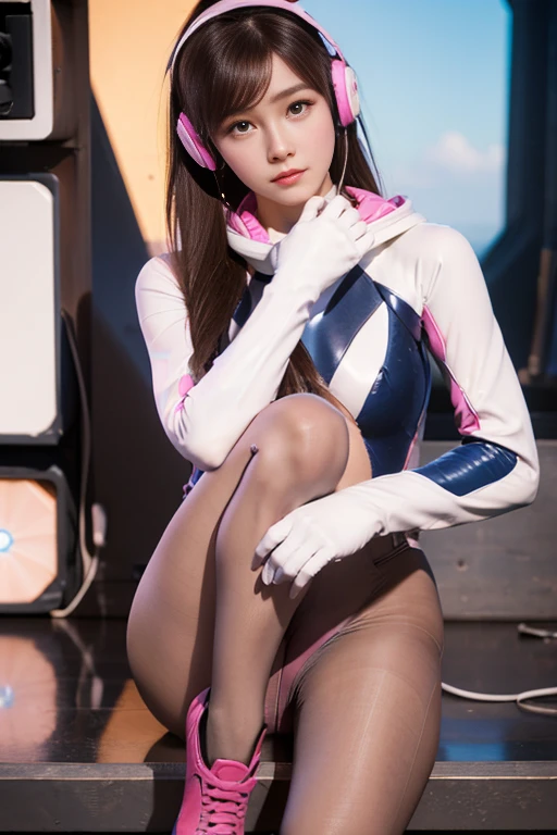 Masterpiece, Best Quality, High Resolution, 1girl, Super High Resolution, Solo, Mech Pilot, D.VA, Headphones, Pink Eyes, Blue Tights, Brown Hair, White Gloves,ornament,