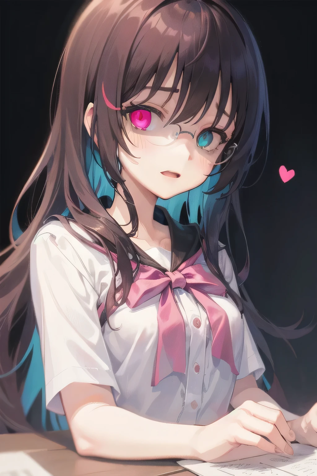 (Tabletop:1.0), (highest quality:1.4), (High resolution:1.2), From the side,Sharp contours,  boyish, highest quality, masterpiece,Glasses,Voice of the Heart,yandere,Browsing Caution,nude,facial,Excessive ,Chest to chest,Upper Body,Ecstasy,saliva,blush,Heterochromia iridis,Colorful Hair