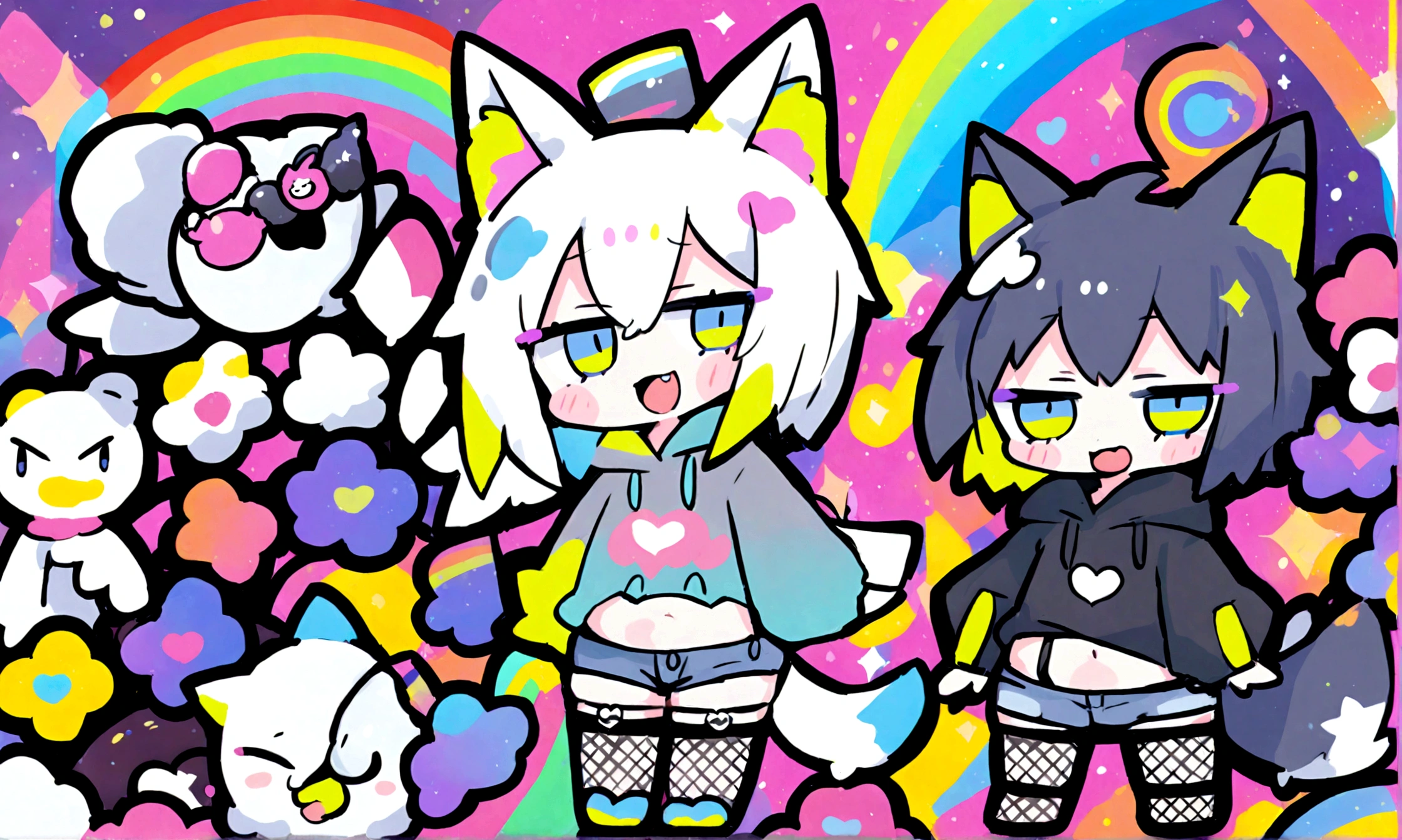 a cute chibi style adult male with wolf ears, white hair, has a wolf tail, wearing a loose cropped oversized black hoodie, wearing a pair of denim short shorts and fishnet stockings, thick thighs, wide hips, dancing on mound of fluffy multi colored kawaii plushies, short, very slim, showing slender tummy, heart on hoodie, squishy thighs, has glowing blue eyes. alone, solo (ALONE)(SOLO), surrounded by rainbows, colorful galaxy backround, big happy open mouthed smile on his face