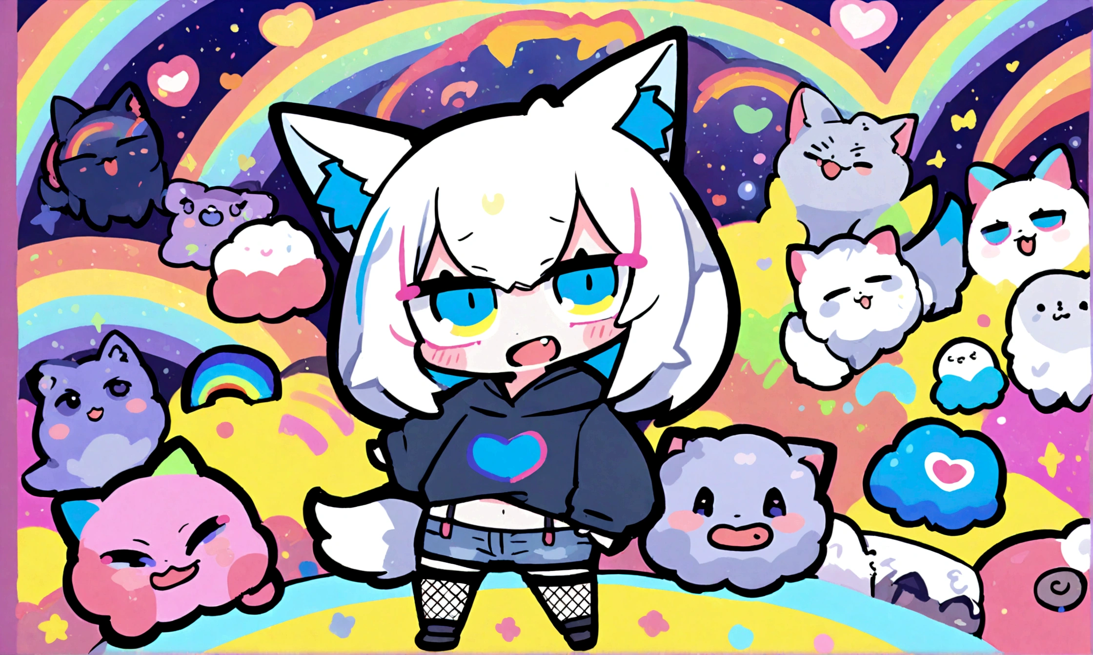 a cute chibi style adult male with wolf ears, white hair, has a wolf tail, wearing a loose cropped oversized black hoodie, wearing a pair of denim short shorts and fishnet stockings, thick thighs, wide hips, dancing on mound of fluffy multi colored kawaii plushies, short, very slim, showing slender tummy, heart on hoodie, squishy thighs, has glowing blue eyes. alone, solo (ALONE)(SOLO), surrounded by rainbows, colorful galaxy backround, big happy open mouthed smile on his face