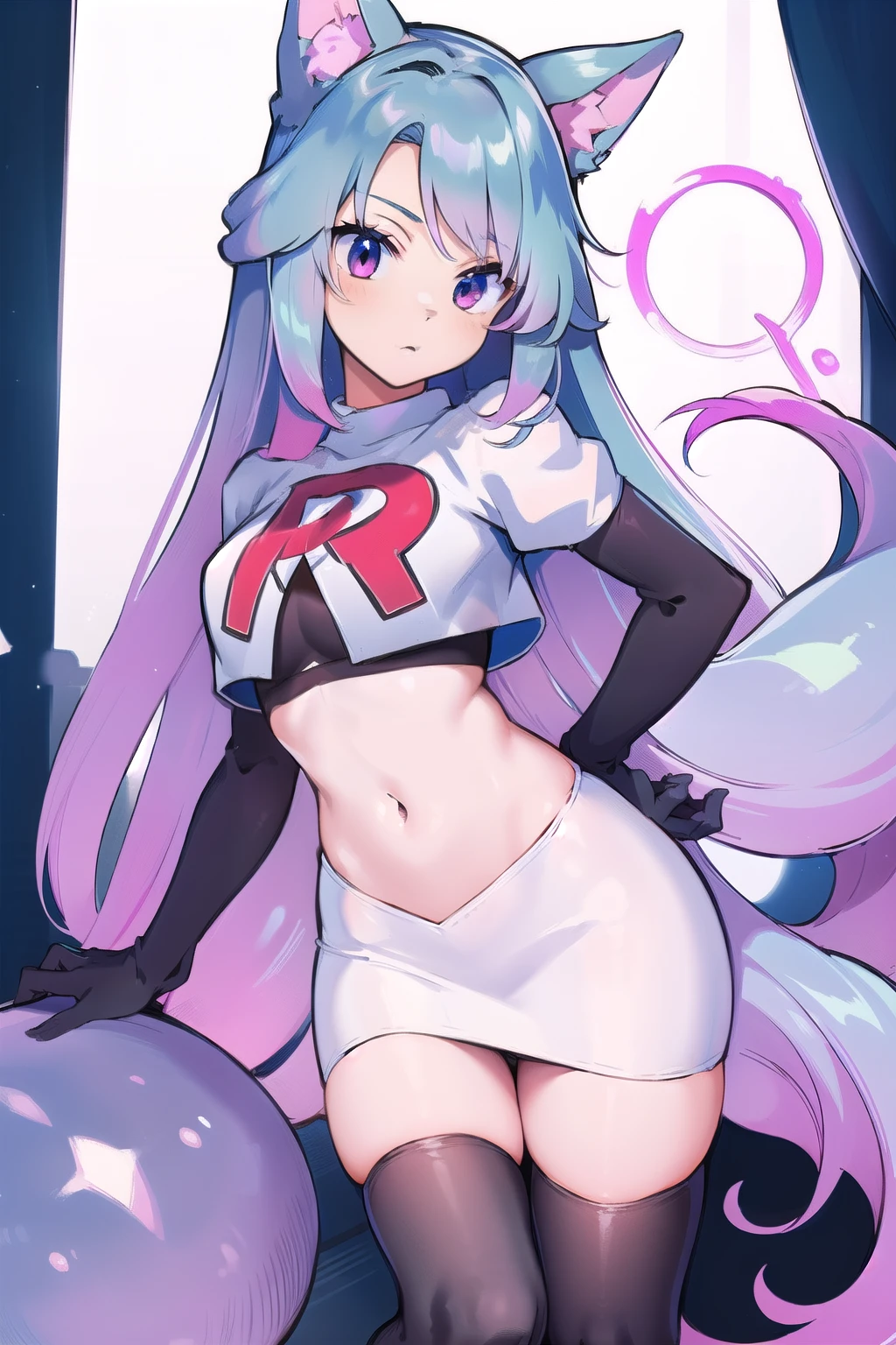 pixel-Silvervale 1girl, team rocket,team rocket uniform,white skirt,red letter R,crop top,black thigh-highs,black elbow gloves, masterpiece, best quality