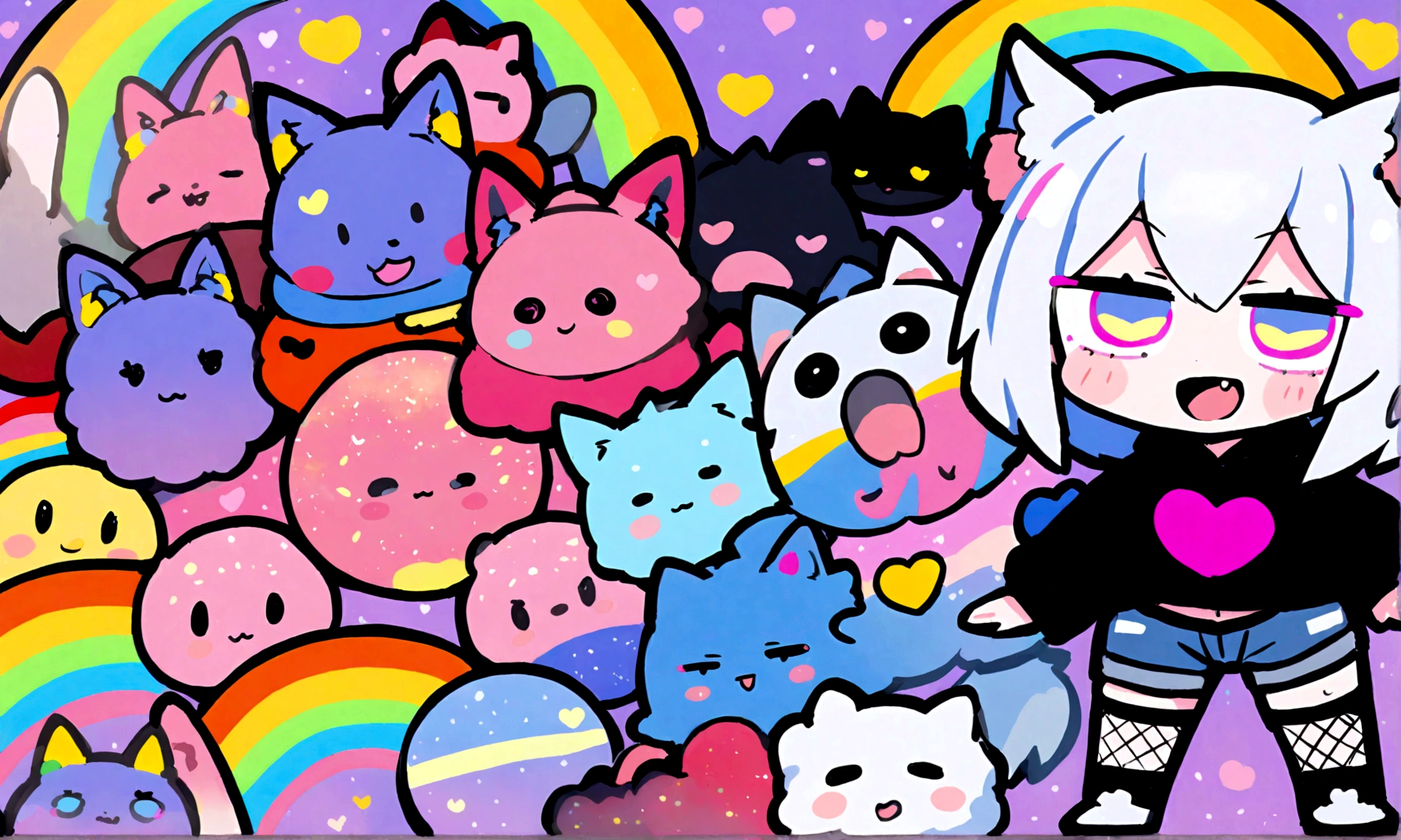 a cute chibi style adult male with wolf ears, white hair, has a wolf tail, wearing a loose cropped oversized black hoodie, wearing a pair of denim short shorts and fishnet stockings, thick thighs, wide hips, dancing on mound of fluffy multi colored kawaii plushies, short, very slim, showing slender tummy, heart on hoodie, squishy thighs, has glowing blue eyes. alone, solo (ALONE)(SOLO), surrounded by rainbows, colorful galaxy backround, big happy open mouthed smile on his face