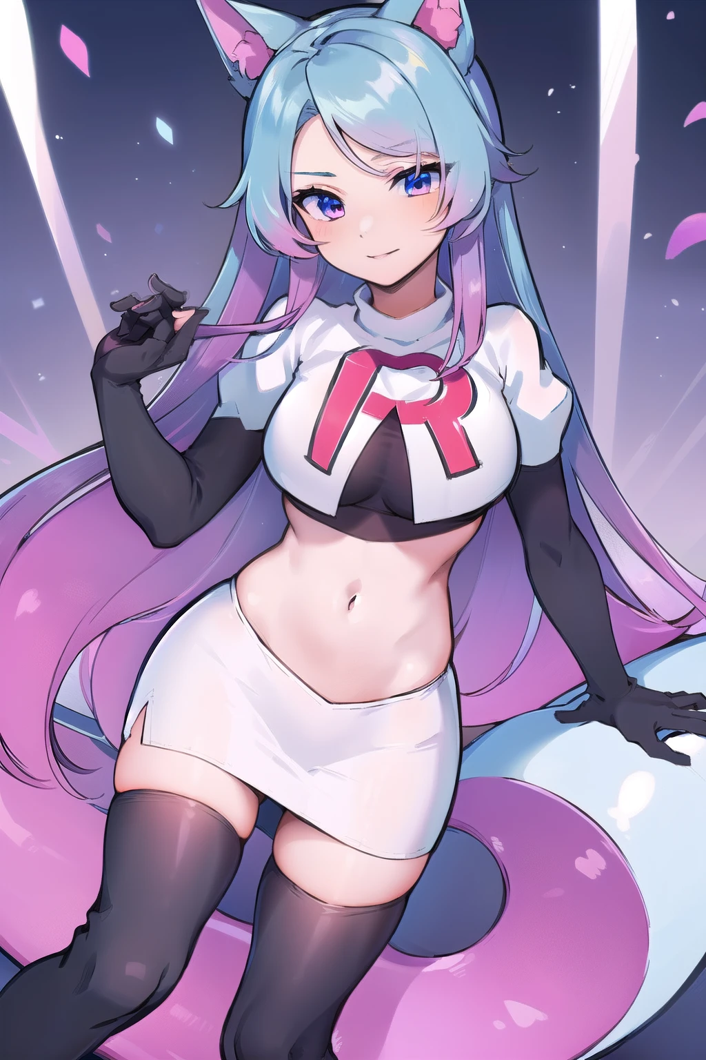 pixel-Silvervale 1girl, team rocket,team rocket uniform,white skirt,red letter R,crop top,black thigh-highs,black elbow gloves, masterpiece, best quality